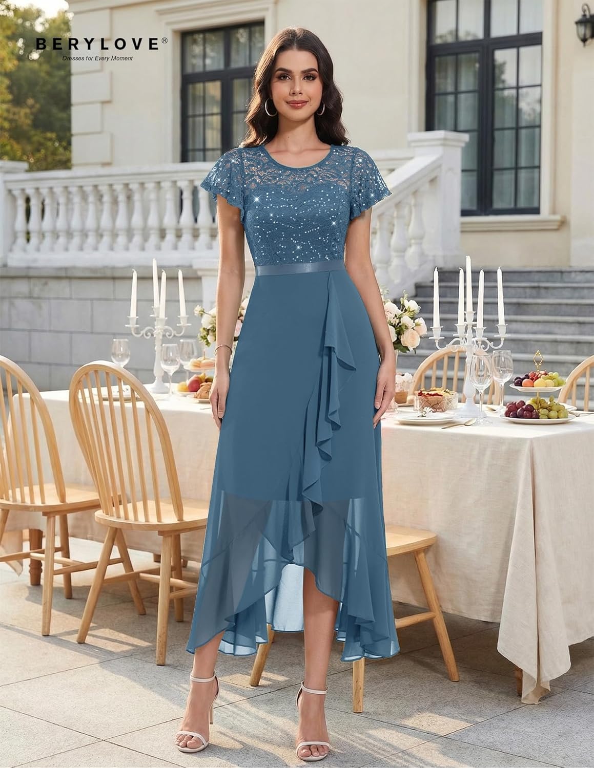 Thumbnail 1 de BeryLove Lace Long Prom Dress for 2026 Wedding Guests with Slit, High-Low Hem & Semi-Sheer Back