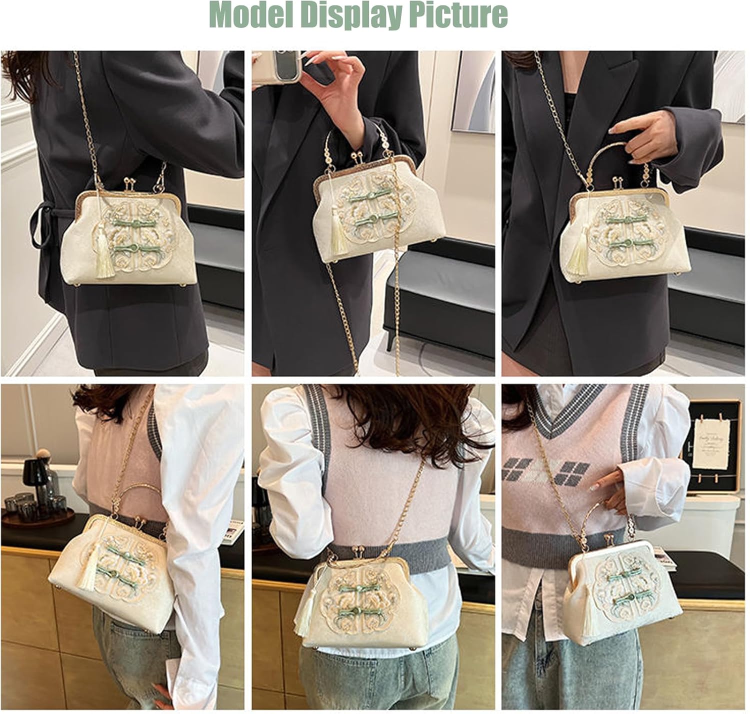 Detalle de YeBon Retro Shoulder Chain Messenger Clutch: Chinese Style Crane Embroidered Jacquard Evening Bag
