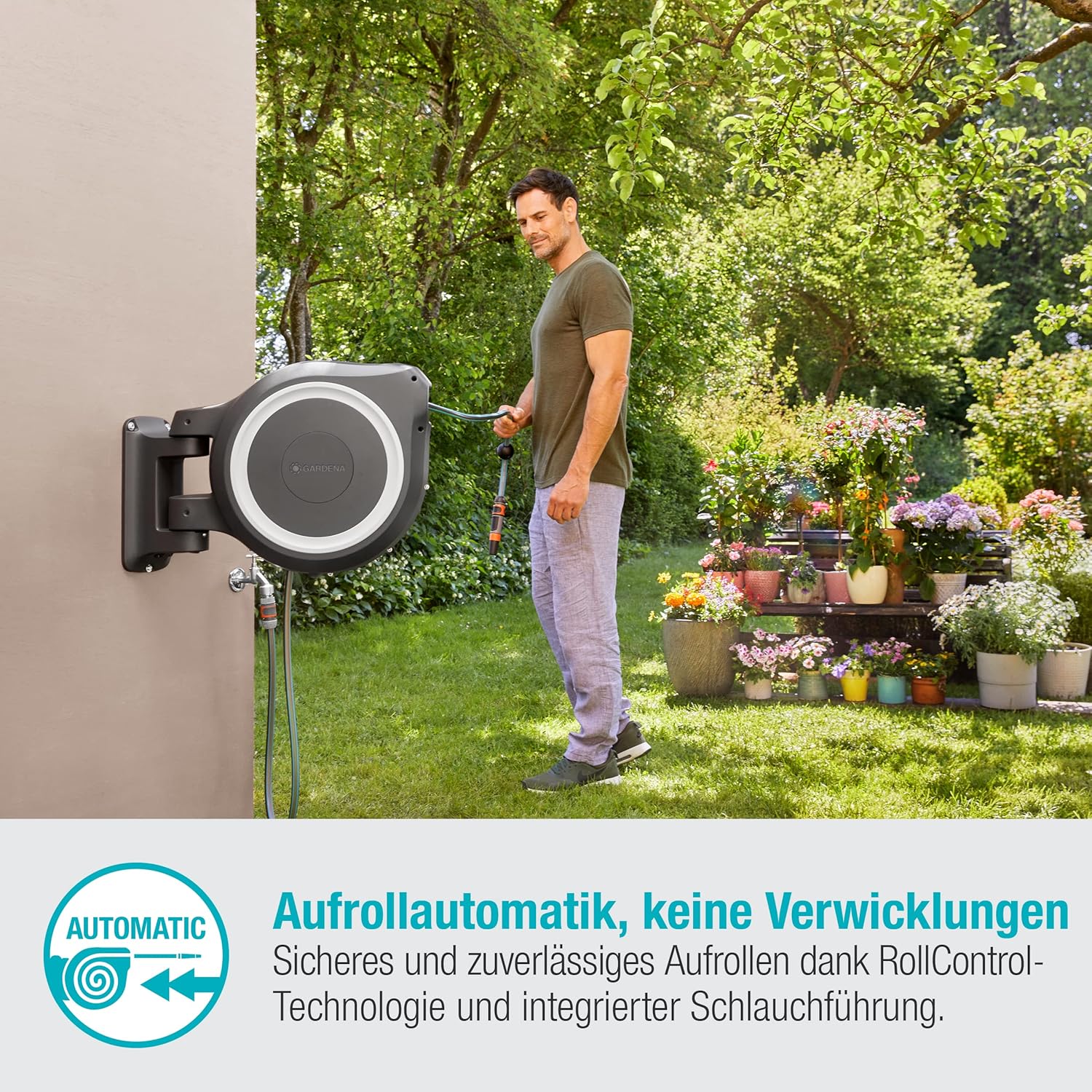 Detalle de Gardena Original Wand-Schlauchbox RollUp L (weiß) 30 m – zuverlässige Bewässerungslösung für große Gärten
