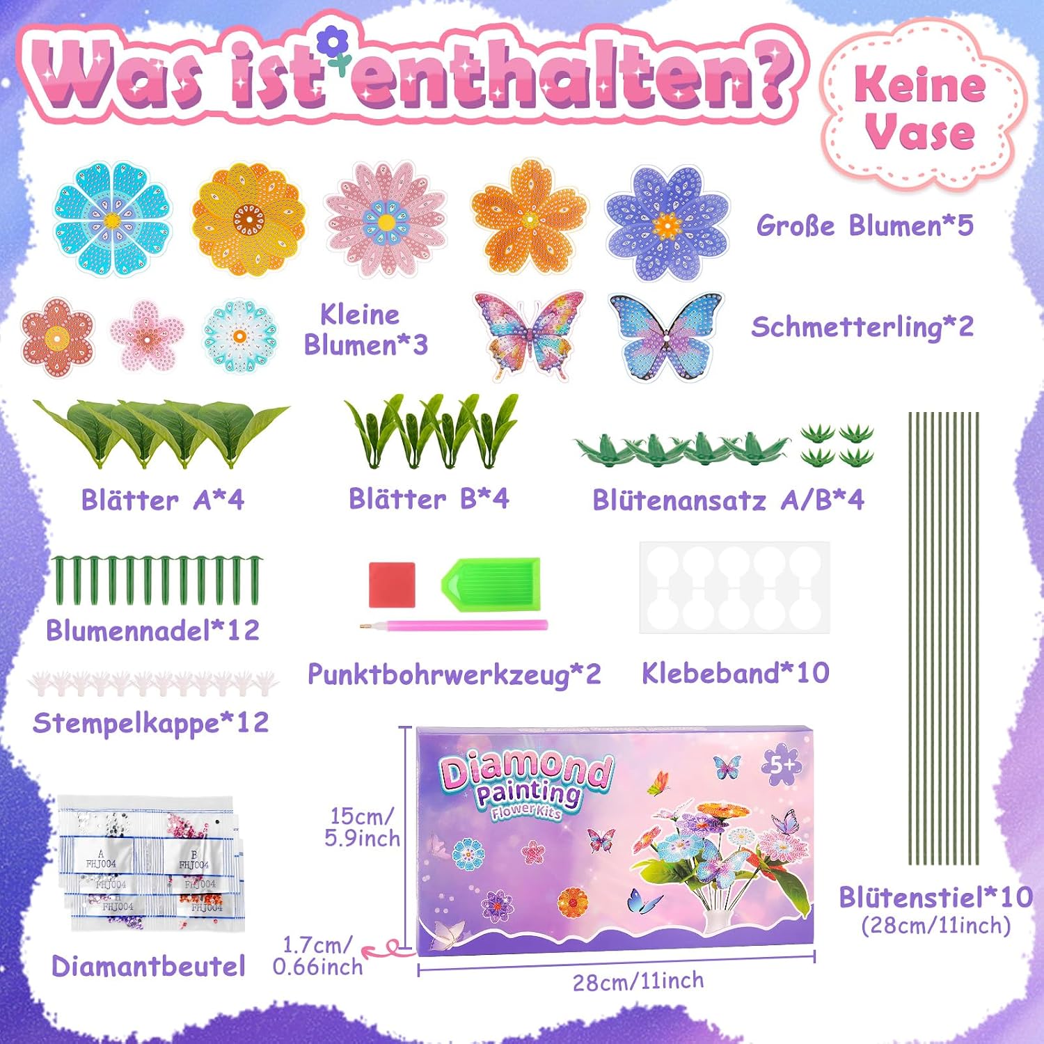 Thumbnail 6 de Blumen Basteln Mädchen Diamond Painting Set (Blumenstrauß) – Bastelkoffer mit Diamanten und Zubehör