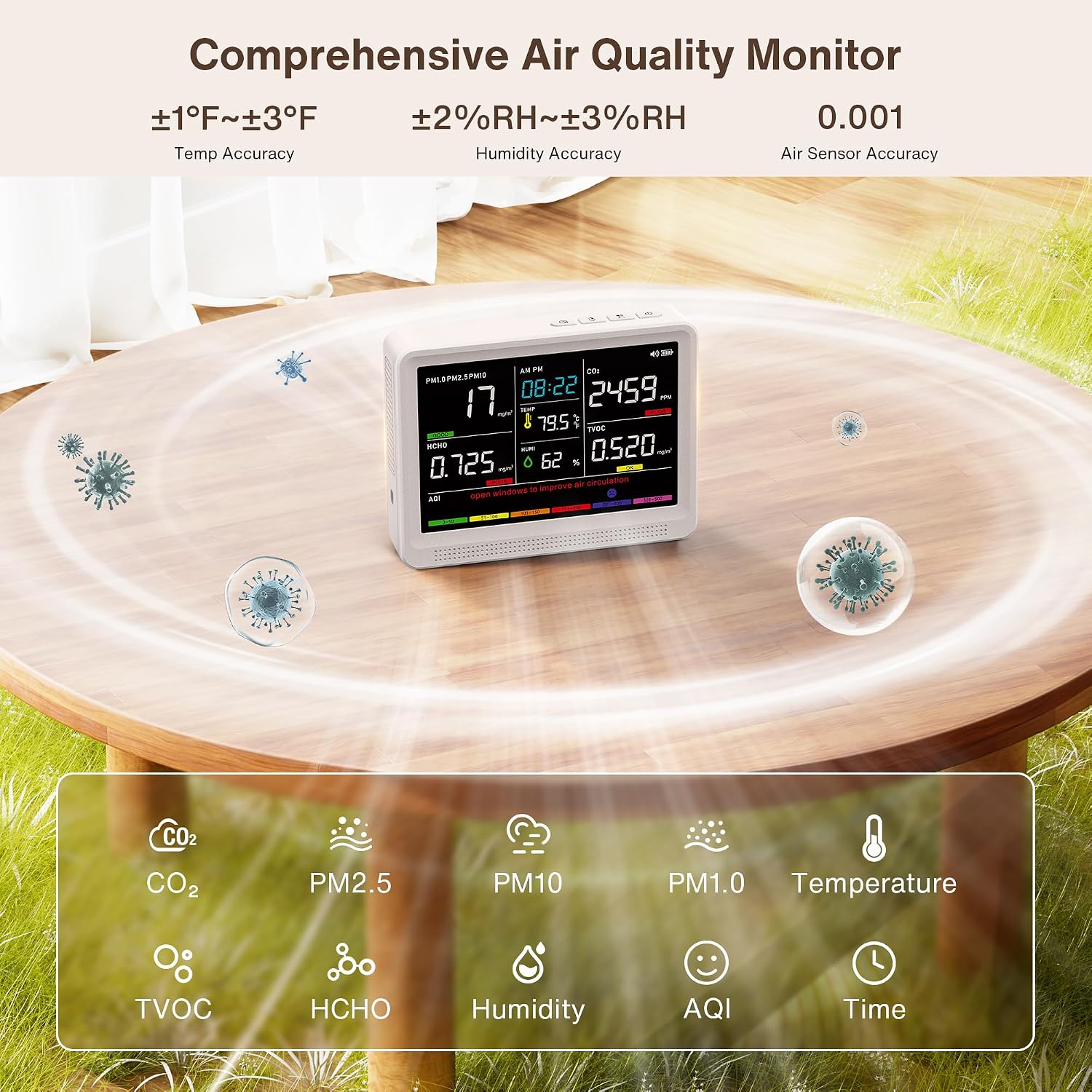 Detalle de YNAK 16-in-1 Indoor Air Quality Monitor with 5.5-Inch HD Color Screen