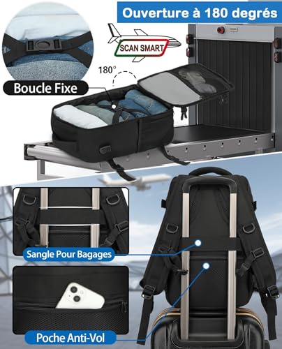 Detalle de KLOSTAIN Sac à Dos Voyage Cabine Avion 45x36x20 cm – 30 L, 14'' Laptop, Noir