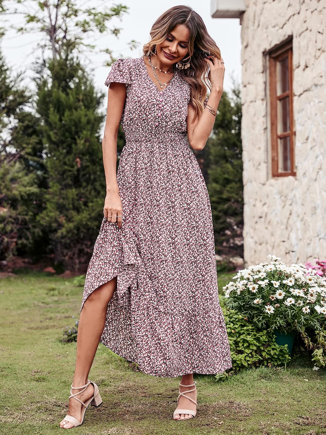 Detalle de PRETTYGARDEN 2026 Summer Maxi Dress — Boho Swiss Dot V-Neck with Ruffles