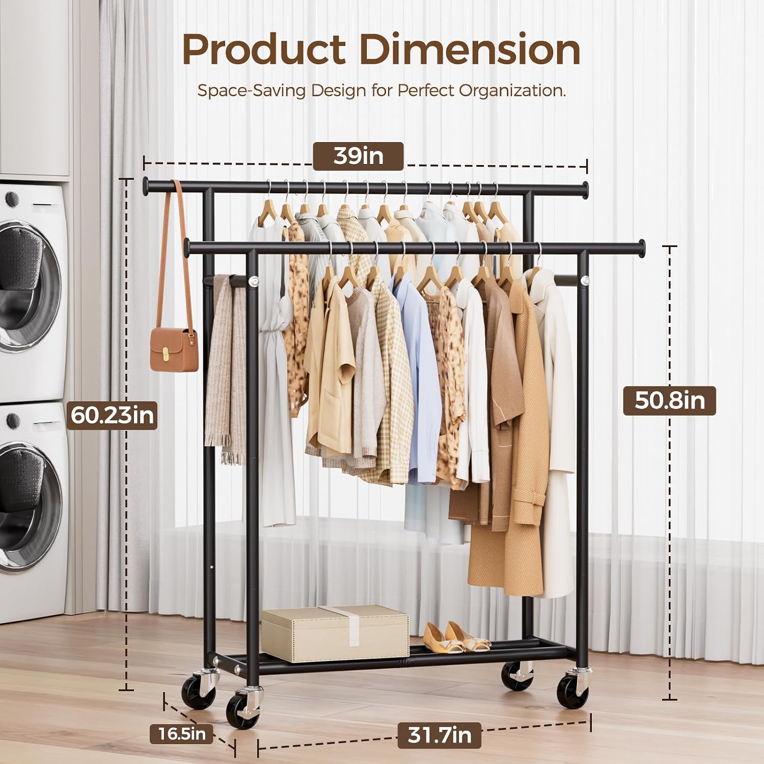 Detalle de HYSEYY HY-1324-Clothes Rack Double-Rod Rolling Garment Rack, Carbon Steel