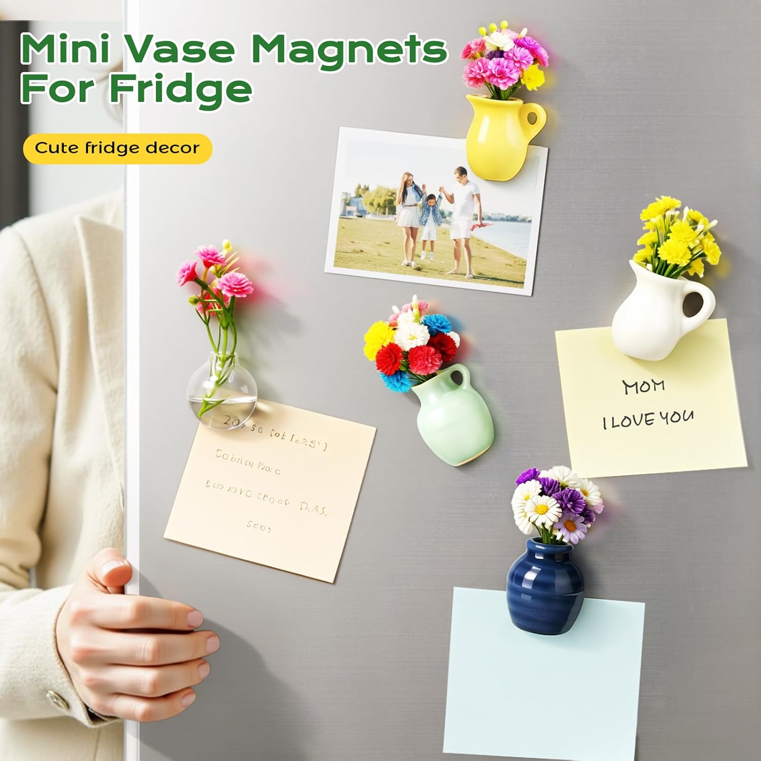Thumbnail 1 de Renmxj 8-Piece Refrigerator Magnets Set (Mini Ceramic Vase Magnets with Artificial Flowers) for Fridge, Office, and More