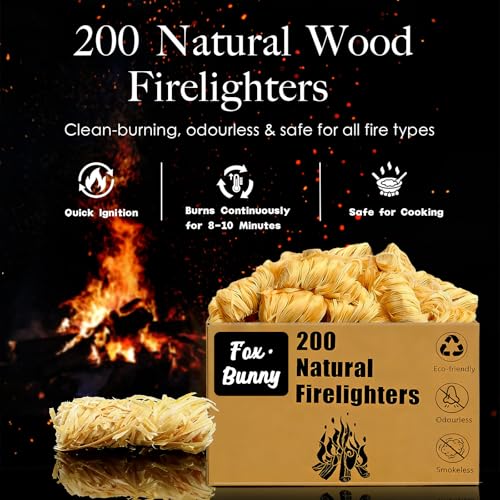 Detalle de Fox·Bunny 200 Natural Firelighters: Fast, Odourless Ignition for Wood Burners, BBQ Ovens and More