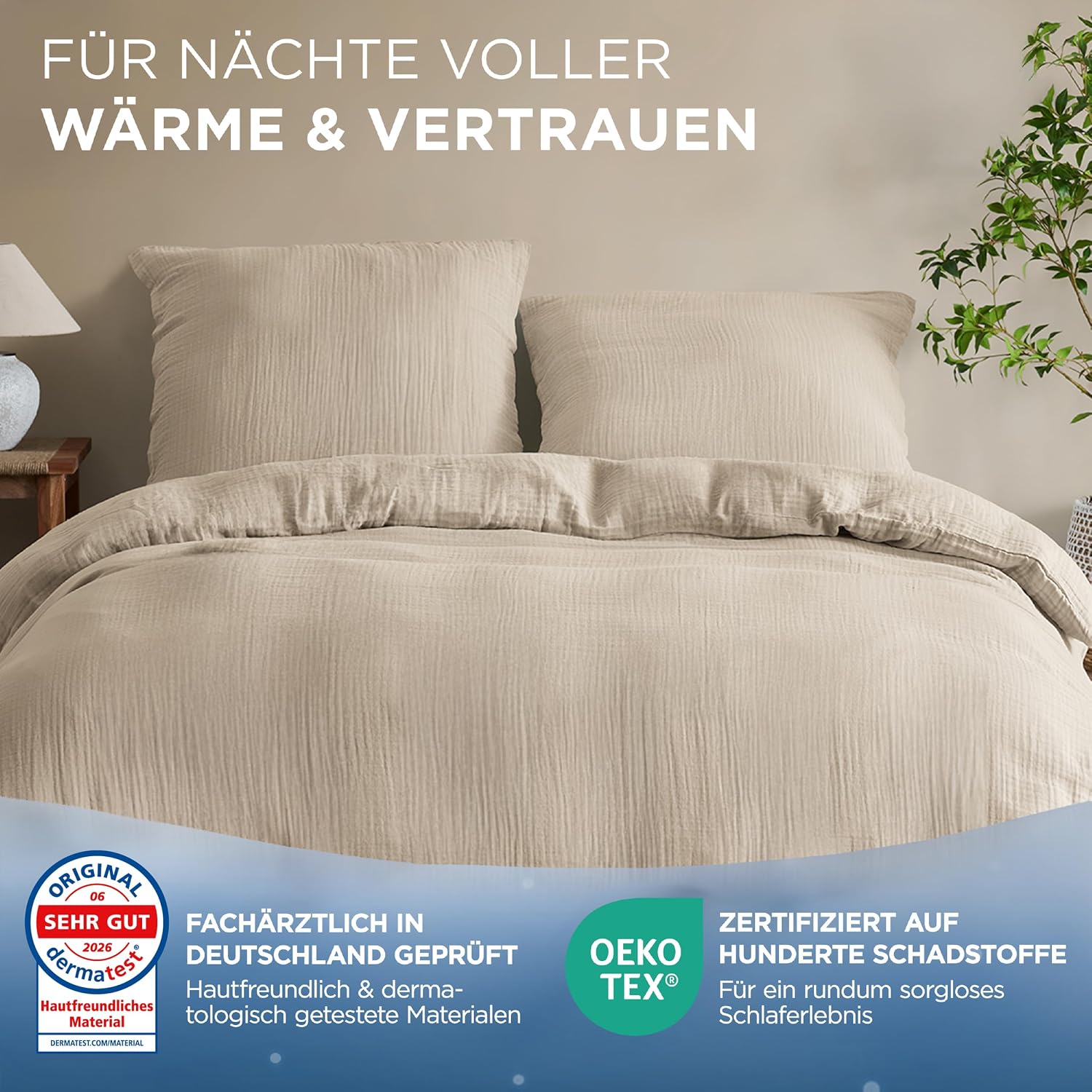 Detalle de Samthus Musselin Bettwäsche aus 100% Baumwolle – Oeko-Tex Made in Green, bügelfrei, 135x200 + 80x80, Beige