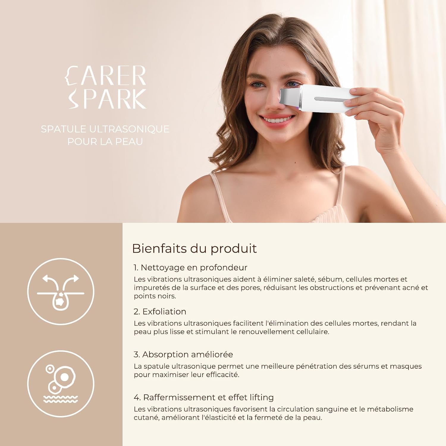 Thumbnail 3 de CARER SPARK Épurateur de Peau Ultrasonique – Spatule visage 5-en-1 avec EMS, ions et lumière rouge/bleue