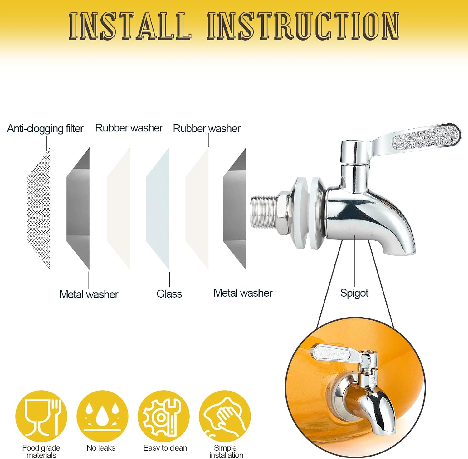Detalle de JUSJAHLY JUSJAHLY-003 2-Gallon Glass Beverage Dispenser with Stand and Stainless Steel Spigot