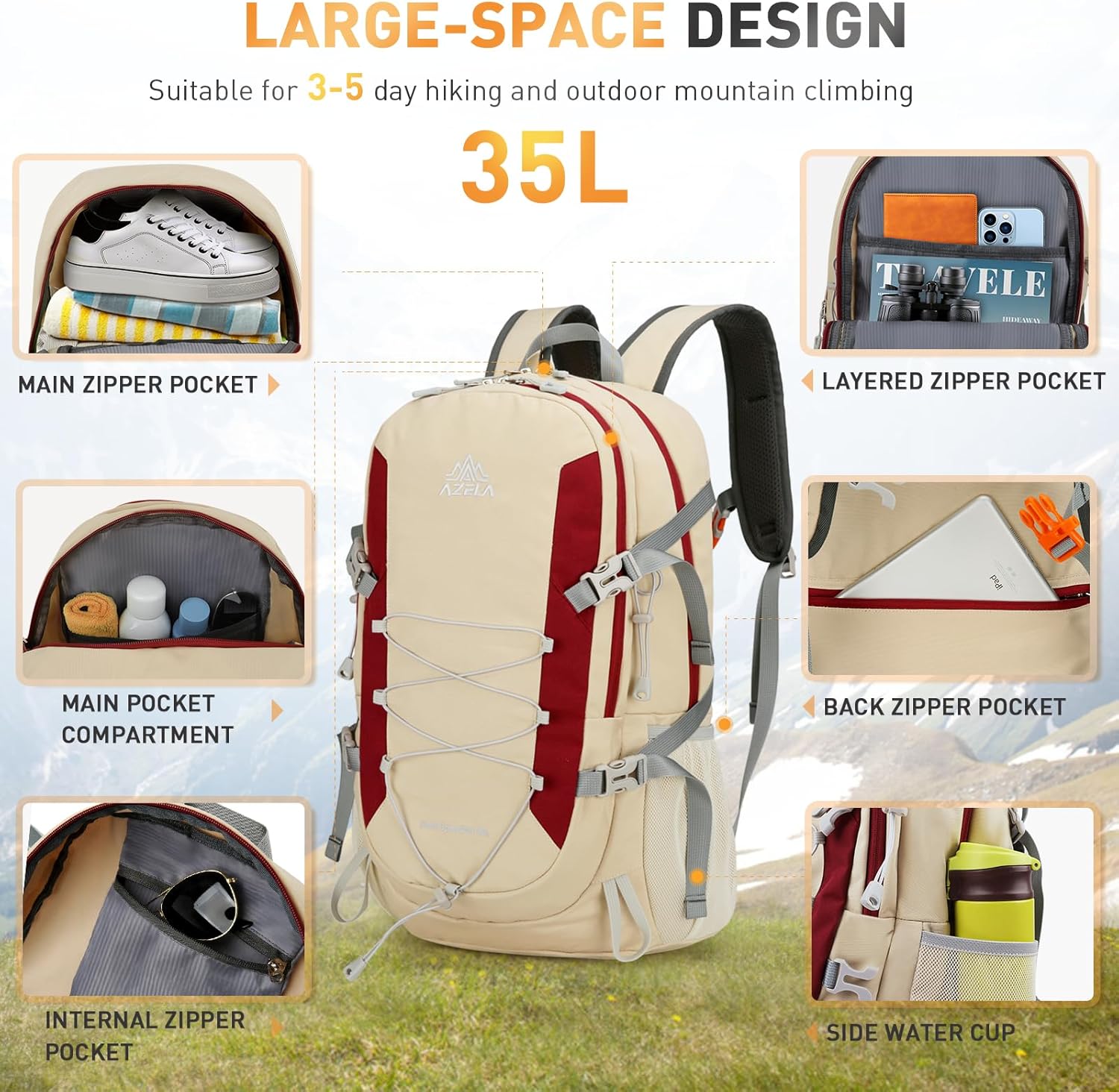 Detalle de Geila Rucksack 35L: Durable 2–4 Day Hiking Backpack with Rain Cover