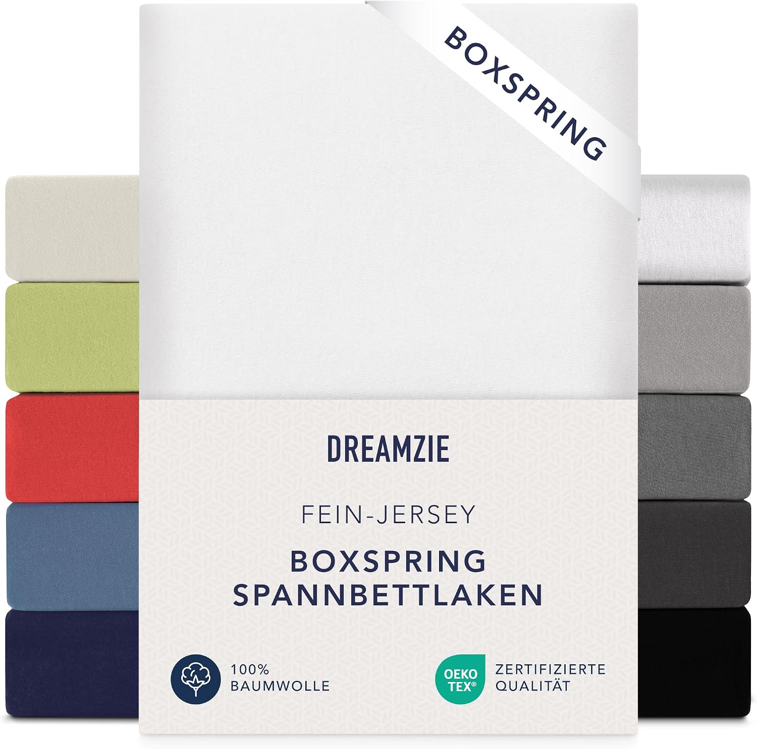 Detalle de Dreamzie Premium Spannbettlaken 180x200 cm / 200x200 cm – Jersey-Baumwolle 150 g/m², 37 cm Seitenhöhe, OEKO-TEX, Weiß