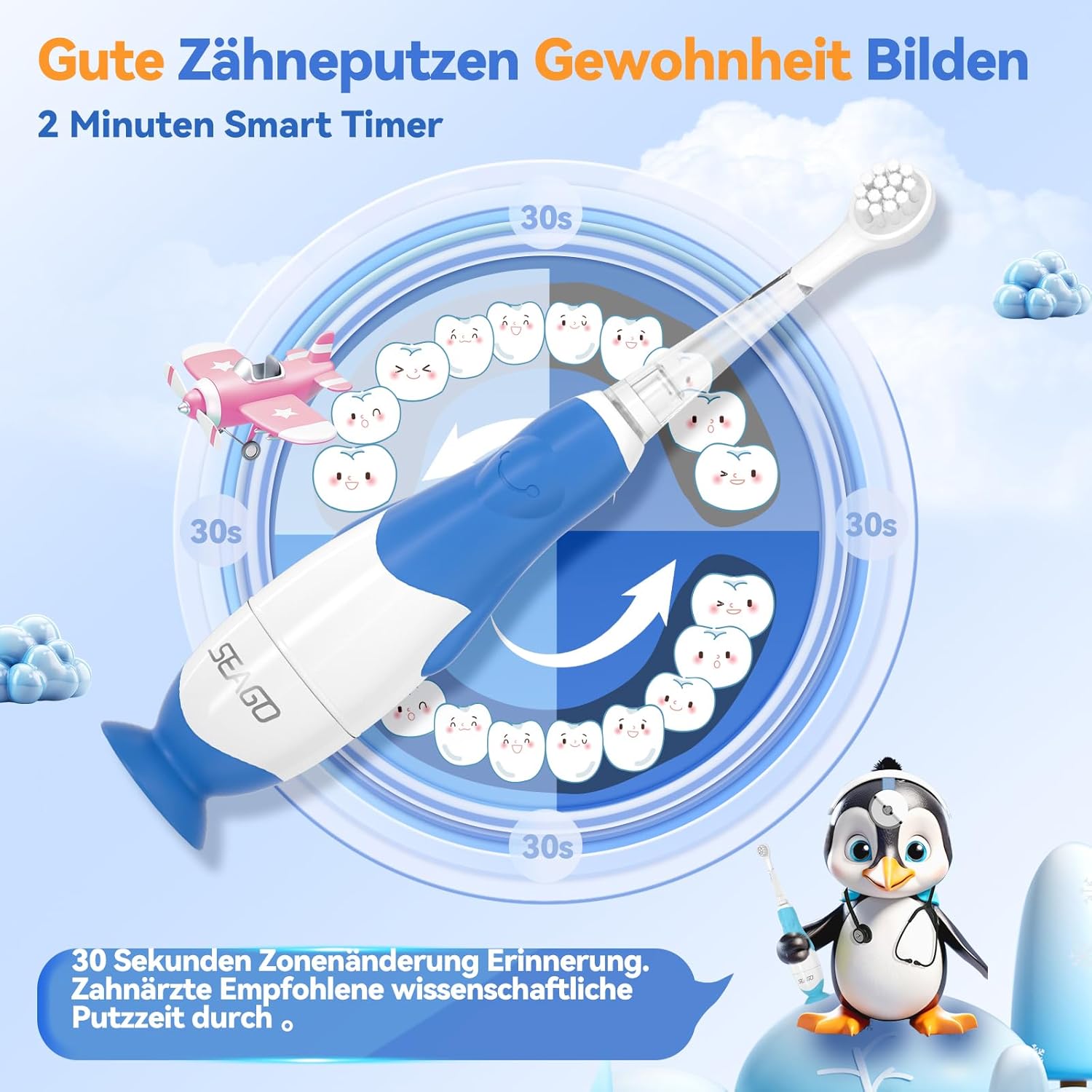 Thumbnail 4 de Seago SG513 Kinder-Elektrische Zahnbürste (0–3 Jahre) mit LED-Licht, weicher gummierter Rundbürste & IPX7