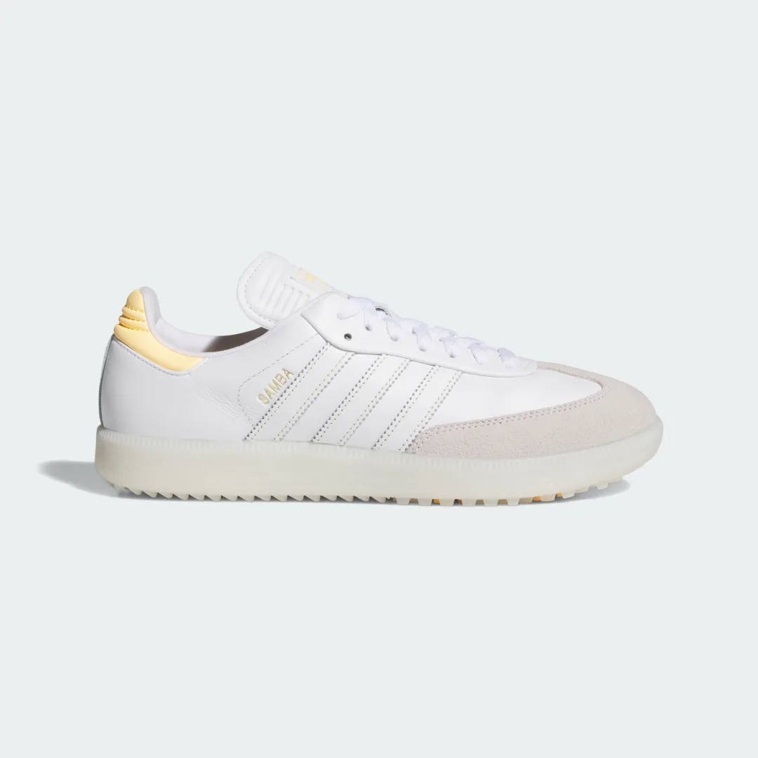 Detalle de Adidas Samba Spikeless: Zapatilla de golf blanca para juego cómodo y versátil