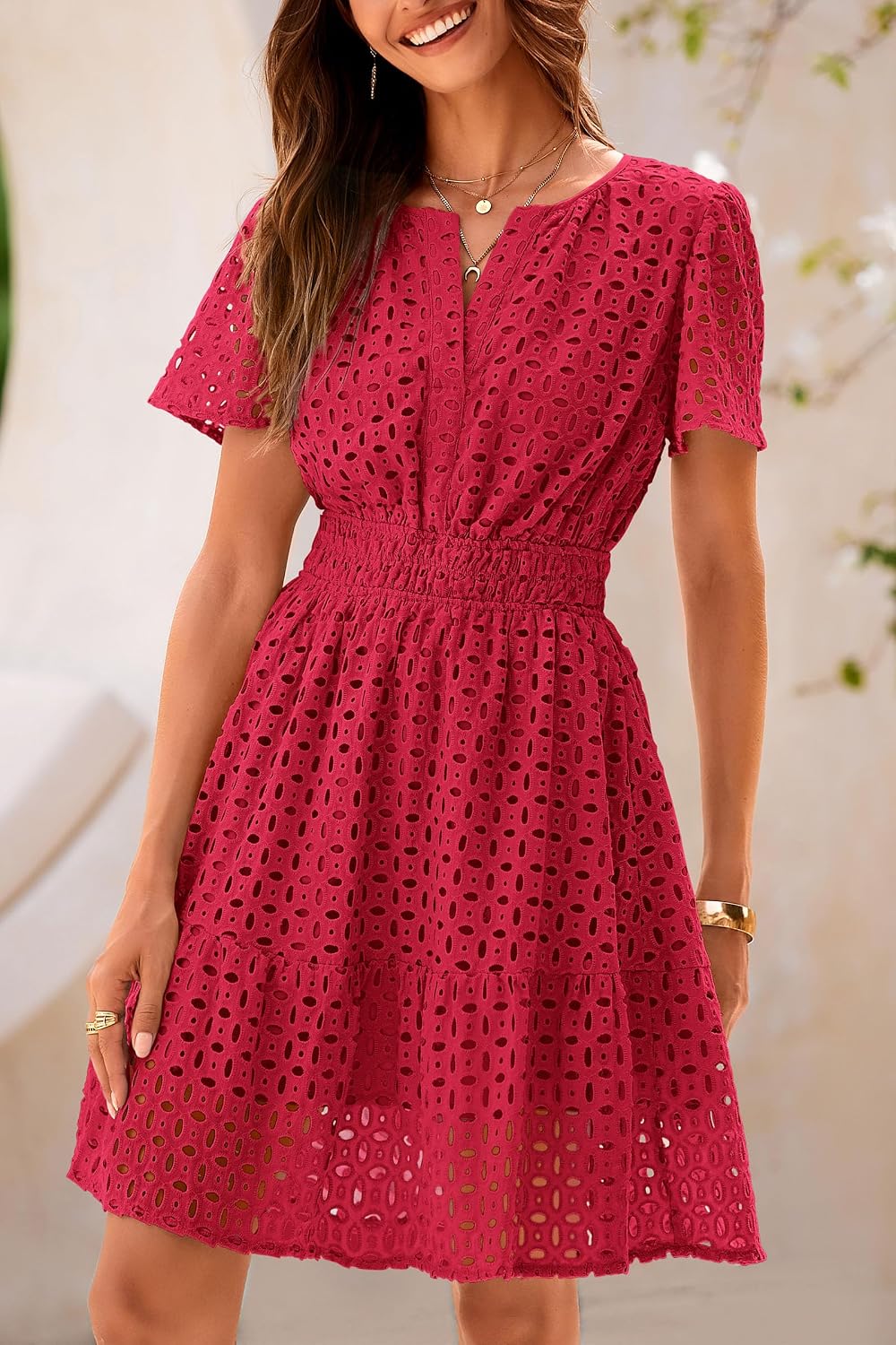 Detalle de PRETTYGARDEN Women’s 2026 Summer Short Dress – V-Neck Short Sleeve A-Line Lace Mini