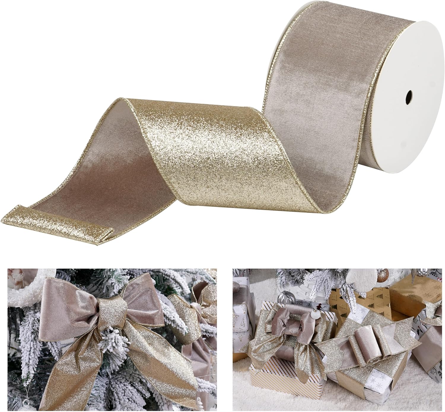 Detalle de LIZLOVESS Taupe Velvet Wired Ribbon, 4-Inch, Gold Glitter Back, 10 Yards