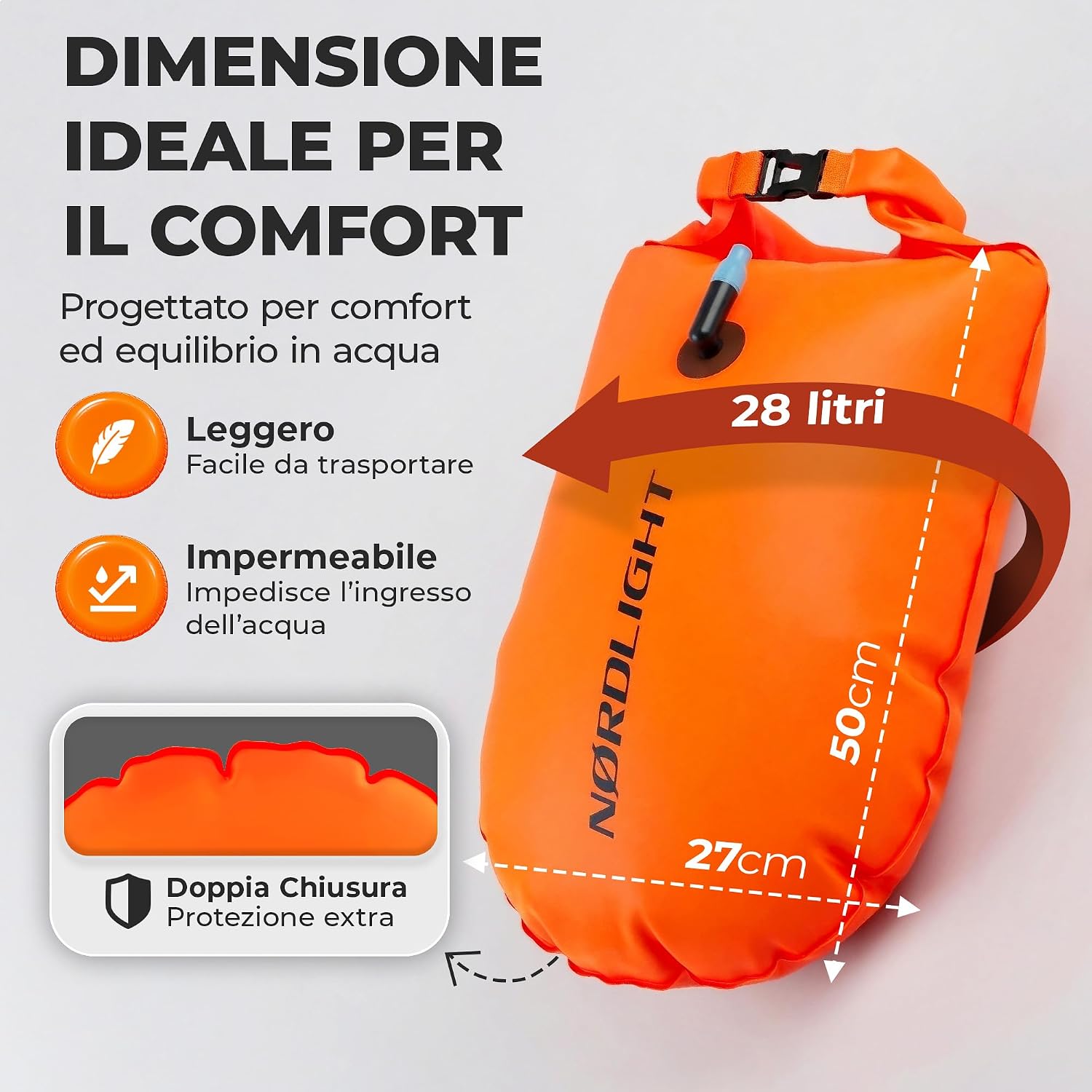Detalle de Nordlight Boa Nuoto Acque Libere - Dry Bag Pull Buoy: sicurezza, visibilità e comodità per nuotare in acque libere