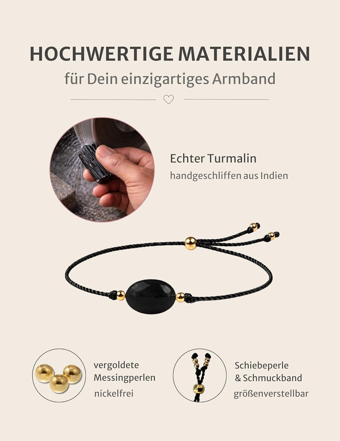 Detalle de happymaker Edelstein-Armband für Damen mit schwarzem Turmalin und goldenen Perlen – handgefertigt in Deutschland