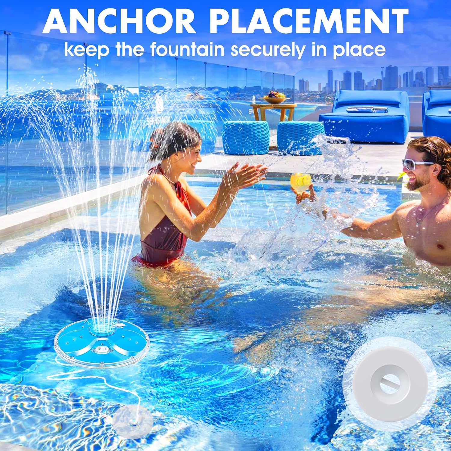 Thumbnail 5 de DeeprBling Schwimmender Springbrunnen mit Lichtshow – Wasserfontäne im Pool mit Anker, 2 Sprühmodi & 7 Lichtmodi, Fernbedienung & IP68
