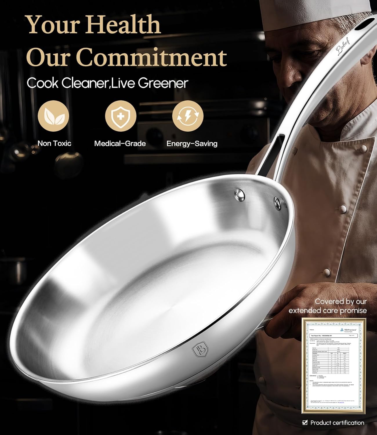 Thumbnail 5 de Lebof 12 Inch Stainless Steel Pan with Lid (5-Ply Clad Base) — 800℉ Safe Frying Pan for Induction, Gas, Electric & Oven