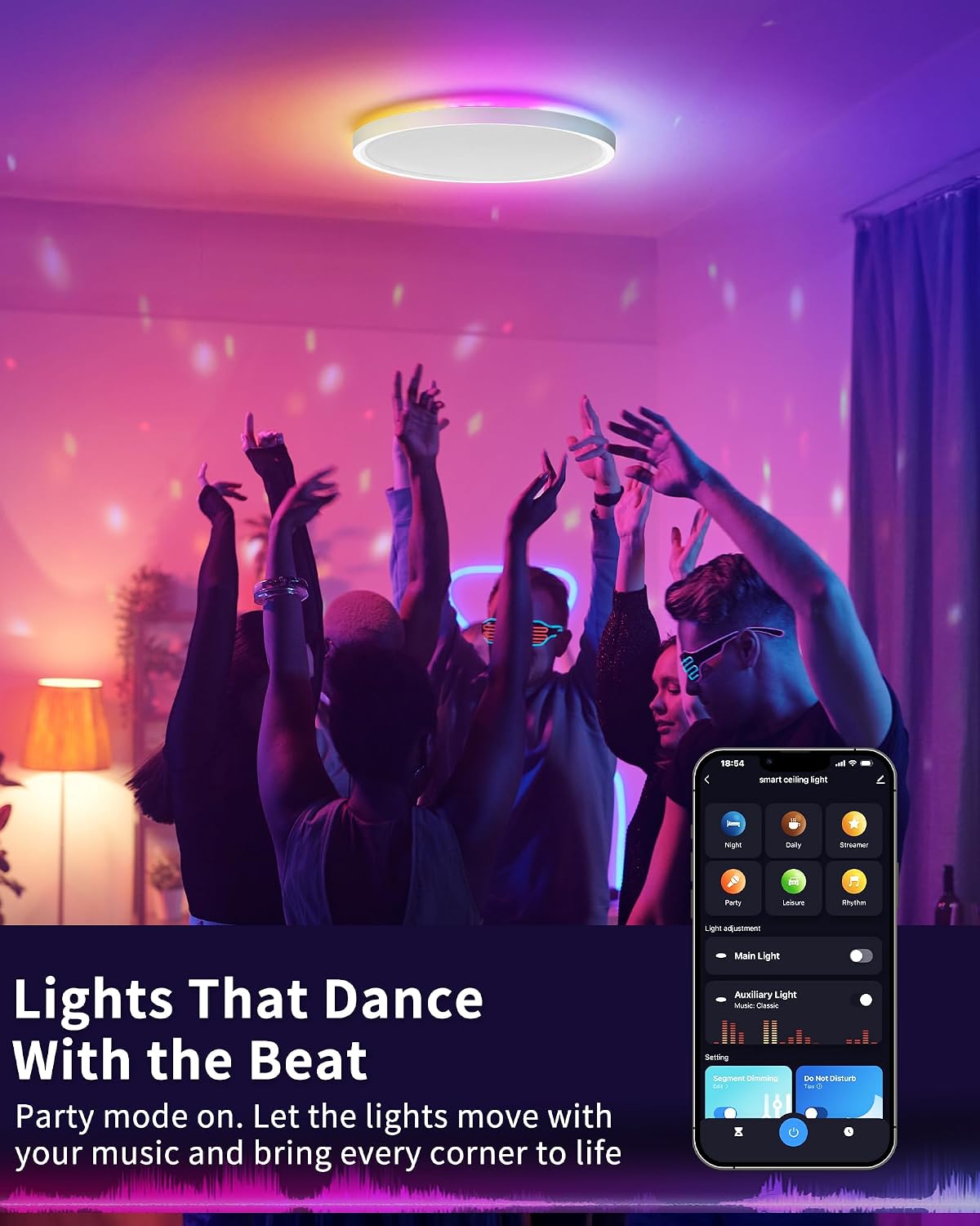 Detalle de LuminexDesigns Plafón LED Inteligente 24W regulable con mando y WiFi: luz RGB ultrafina para salón y dormitorio