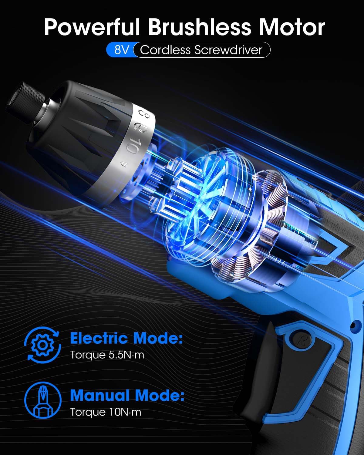 Detalle de Cordless Screwdriver 8V 10Nm Max Torque Electric Screwdriver Set (47-Piece, 6+1 Settings)