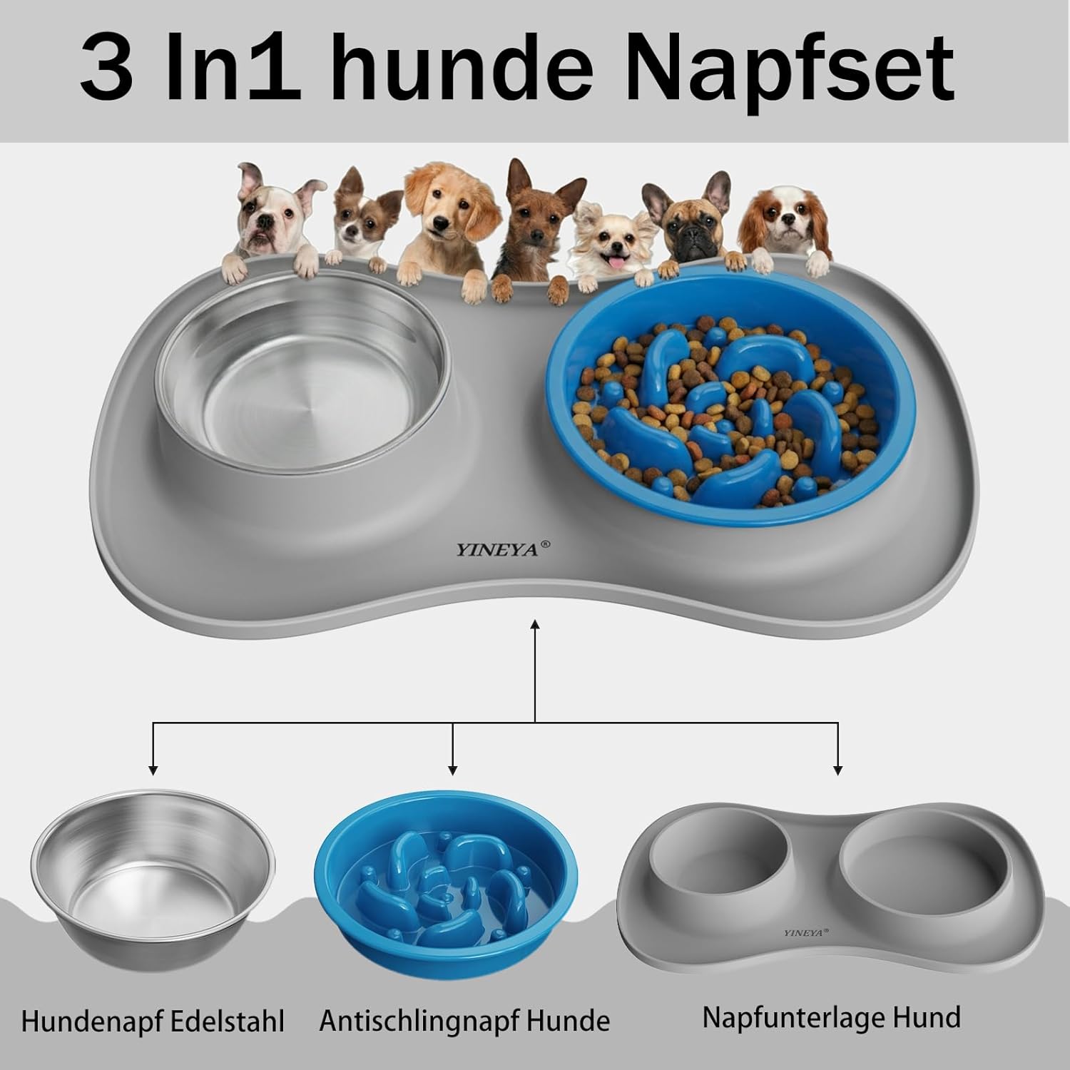 Detalle 2 de YINEYA set 3 in 1 ciotole per cani e gatti anti-ingozzamento con tappetino pieghevole