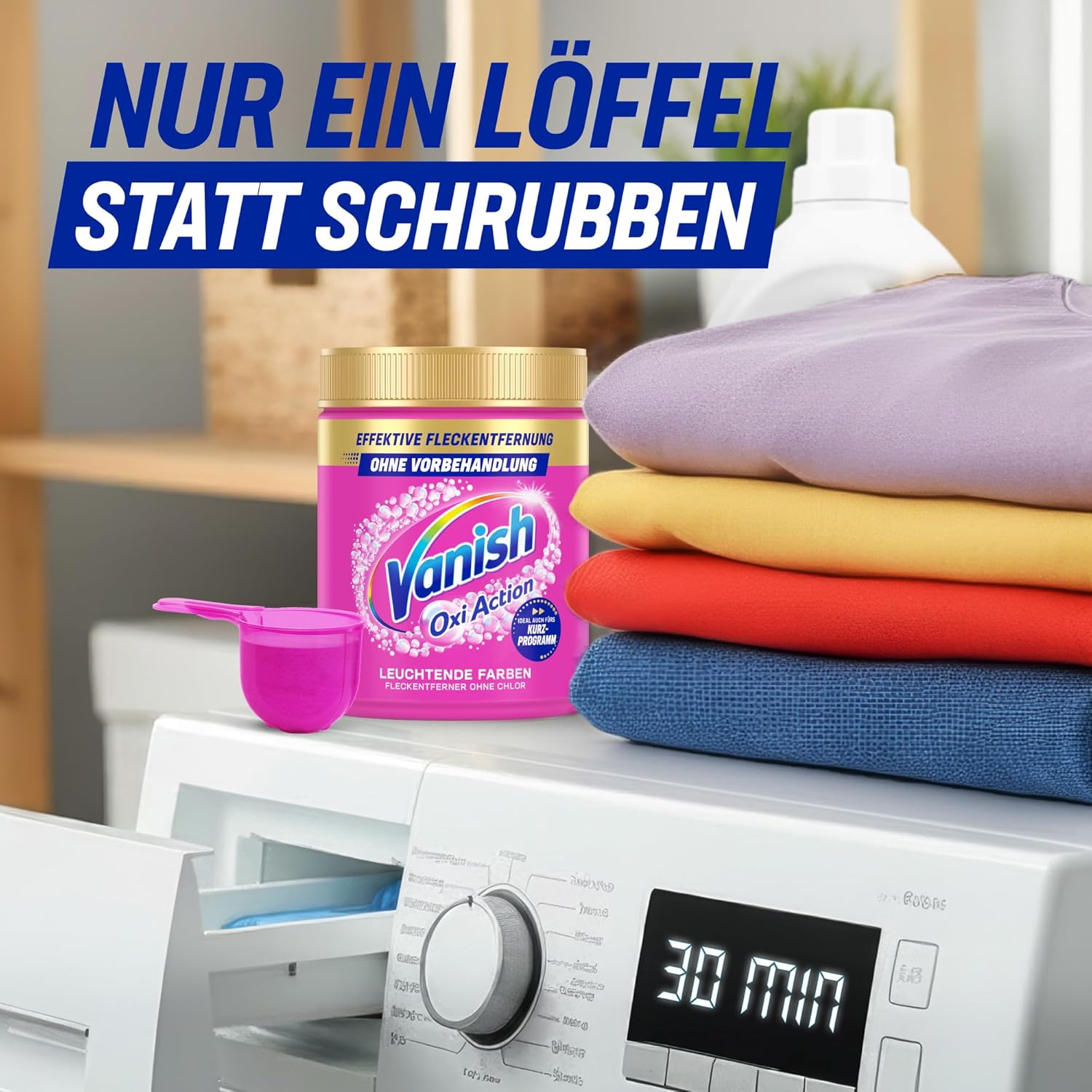 Detalle de Vanish Oxi Action Pulver Pink 1 x 1,125 kg – Fleckenentferner & Wäsche-Booster für bunte Wäsche ohne Chlor