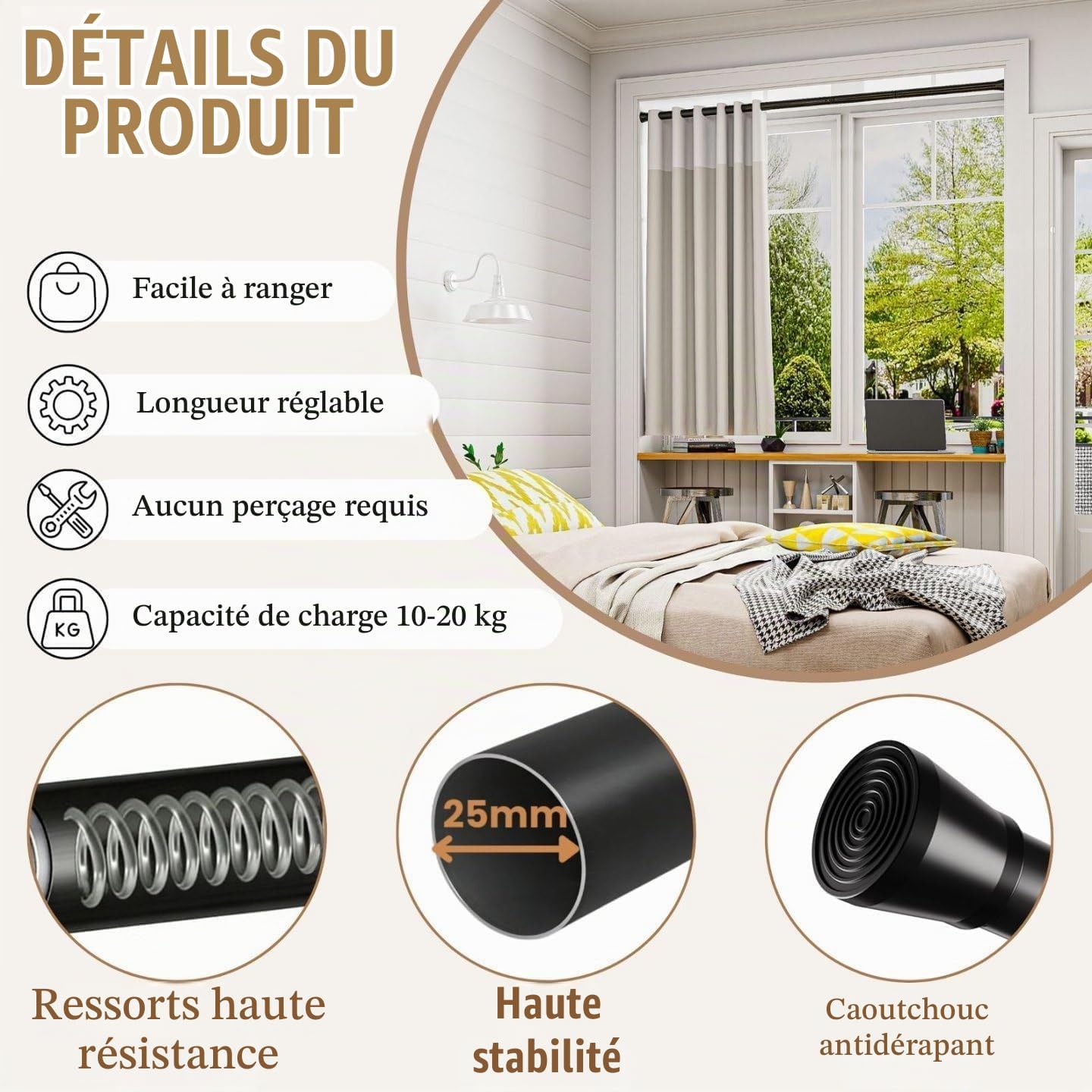 Detalle de Rod&Trikin uitschuifbare gordijn- en douchestang, wit, 85-265 cm, Ø 32 mm