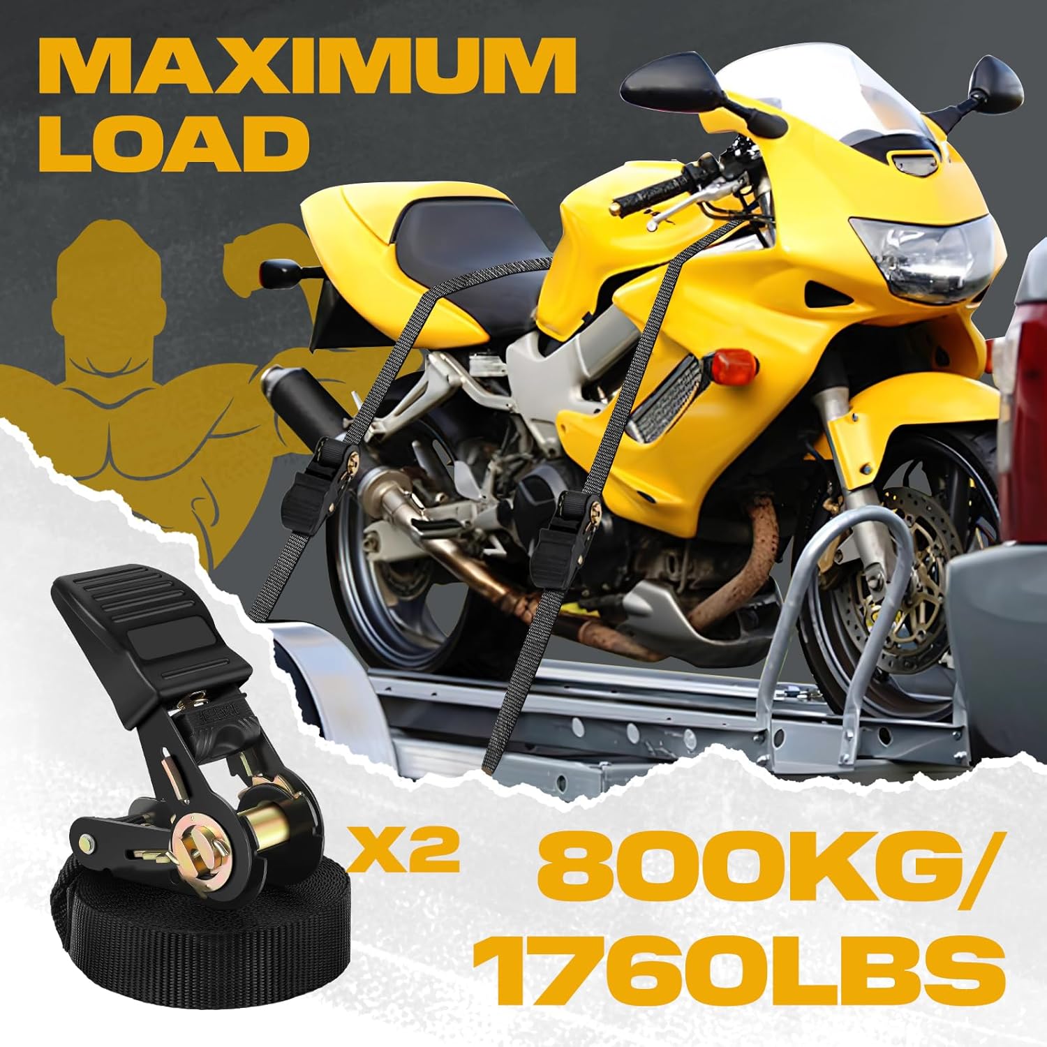 Thumbnail 1 de IAZZCO Heavy Duty Ratchet Straps (2 Pack) 6 m x 25 mm with Cam Buckle for motorcycles, cars, trailers