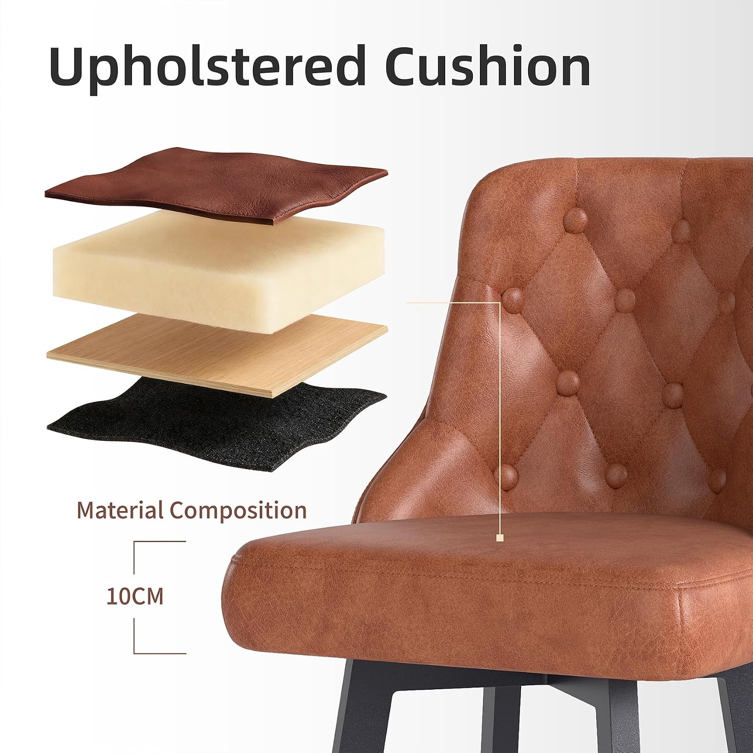 Detalle de Youhauchair YC-8051CBR1PC Bar Stool, Brown PU Leather, 360° Swivel