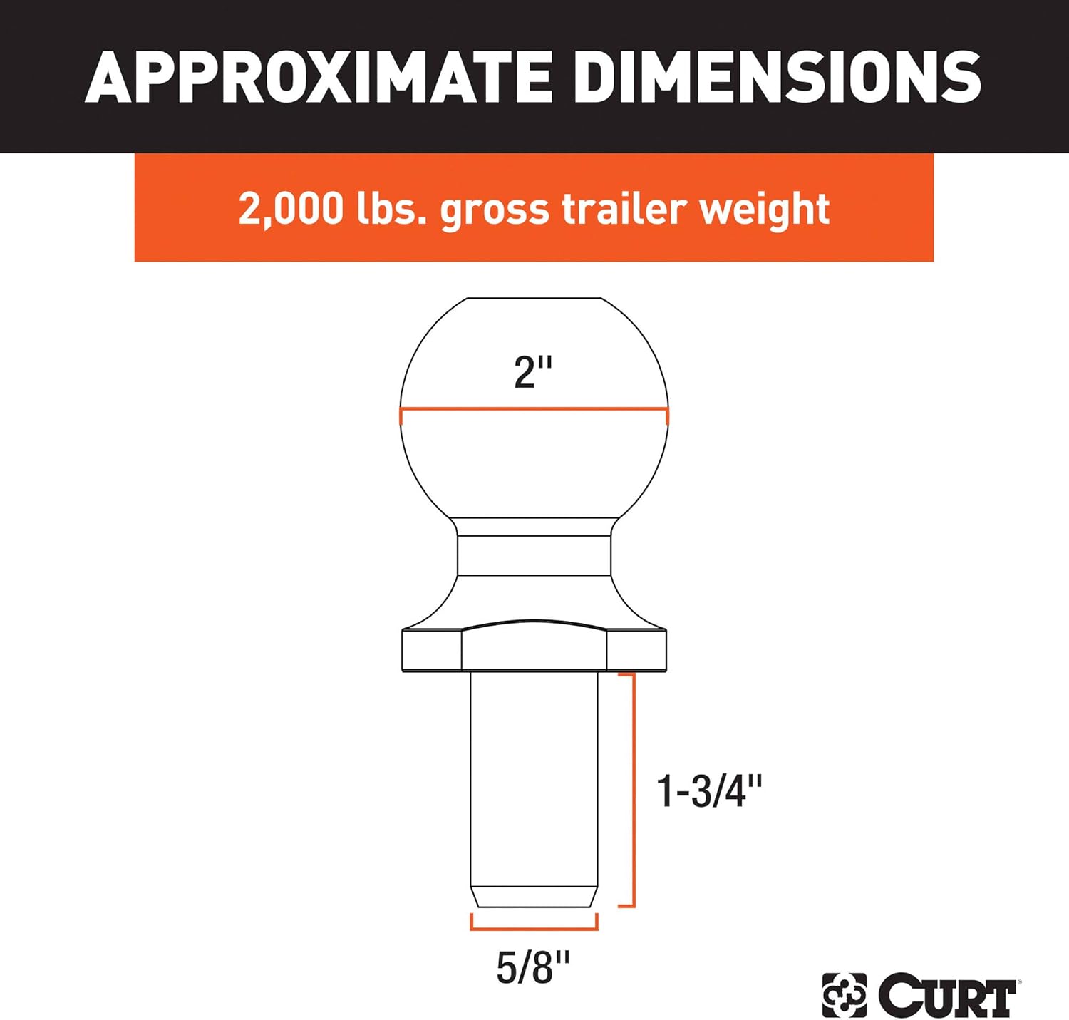 Thumbnail 1 de CURT 40097 Chrome ATV/UTV/Lawn Tractor Hitch Ball (2,000 lbs, 2-Inch Ball, 5/8 x 1-3/4 Shank)