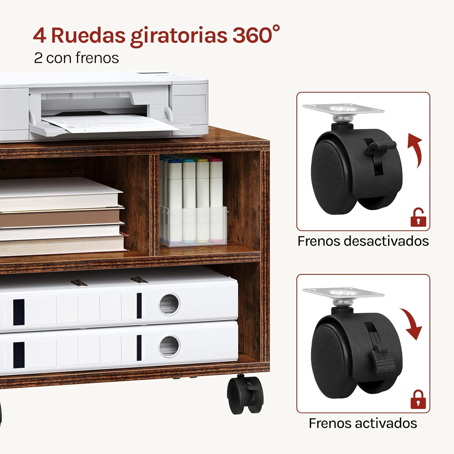 Thumbnail 3 de WOLTU Mesa Móvil para Impresora 🚗 con 3 Compartimentos, Marrón