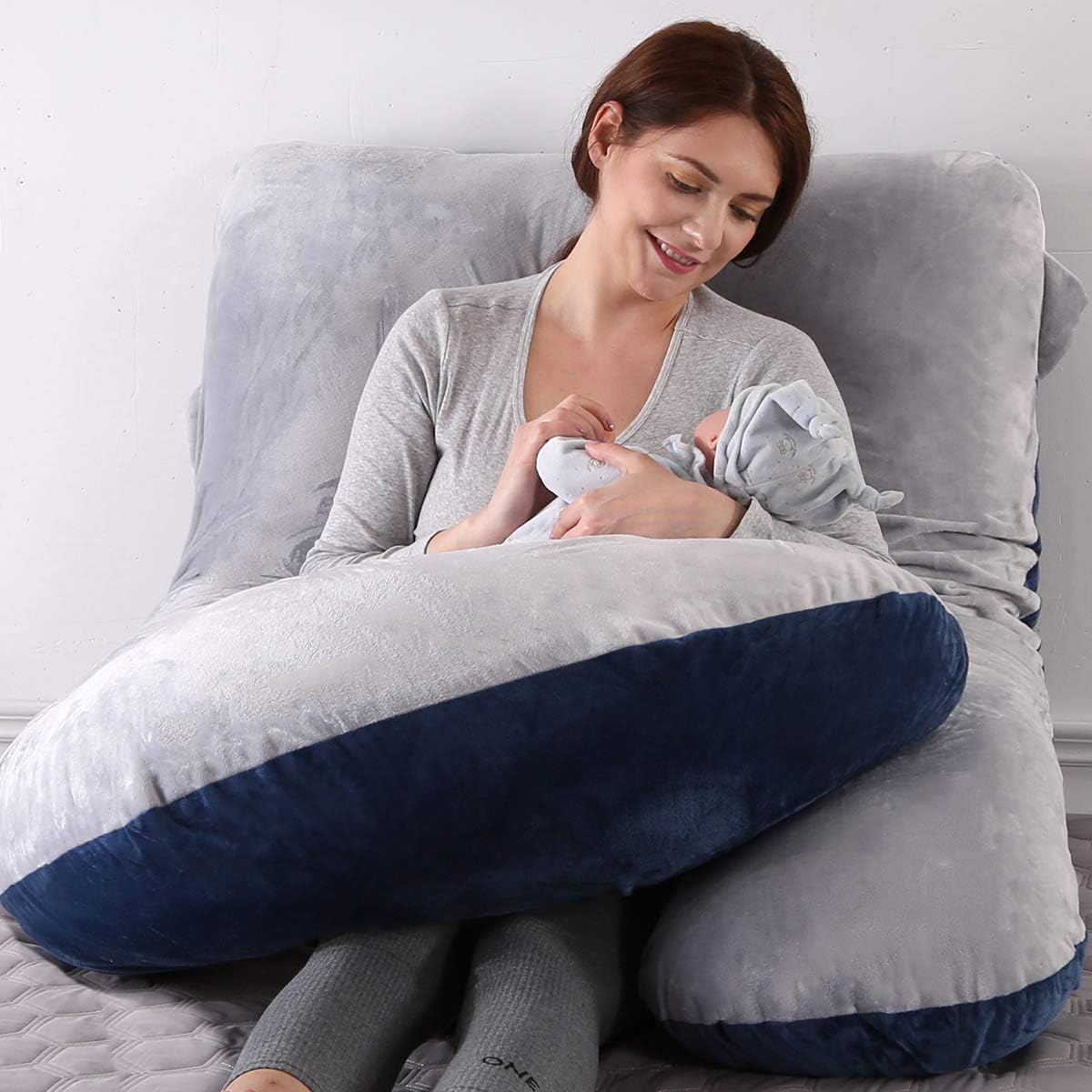 Thumbnail 5 de Coussin de grossesse en forme de U (G) avec housse velours lavable – Coussin d’allaitement bleu marine et gris