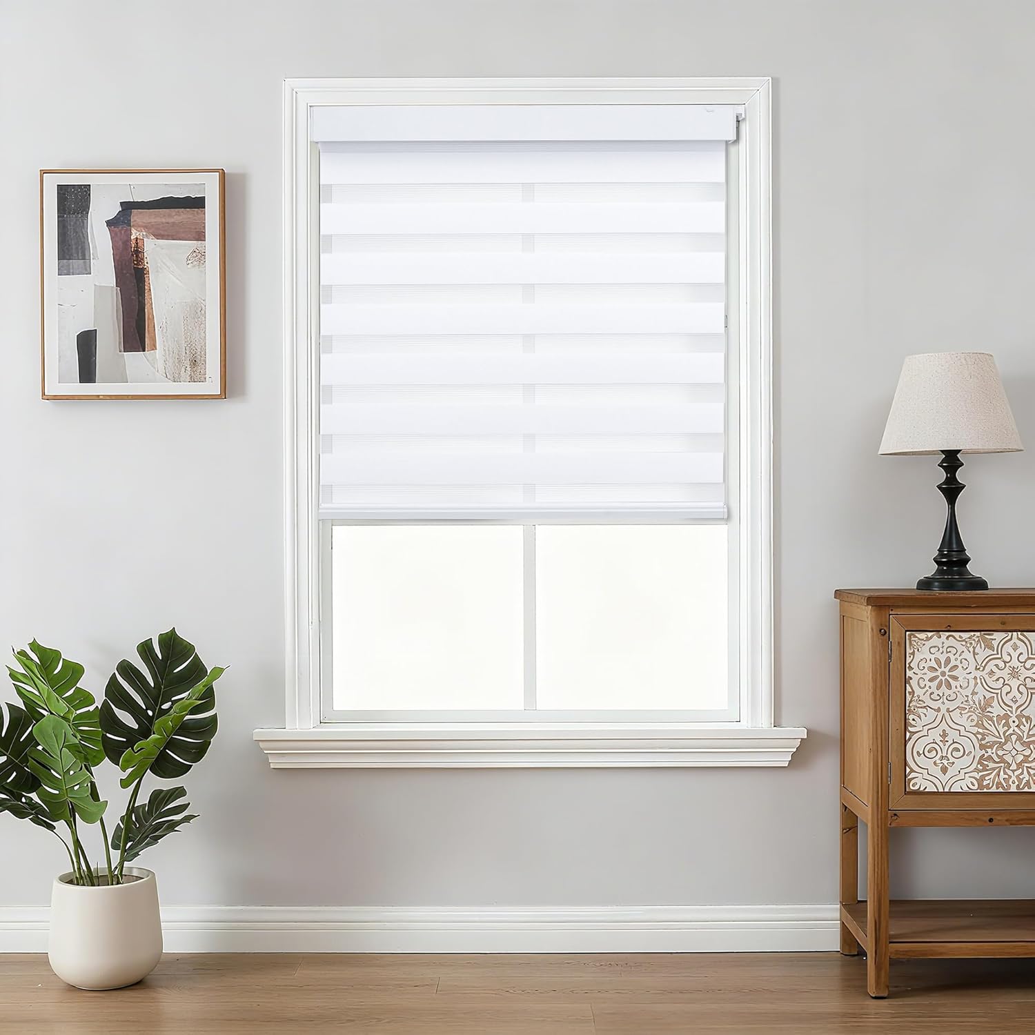 Detalle 2 de Joydeco No Drill Zebra Blinds (Cordless Day & Night Roller Shades) for Windows, White, 33"W x 75"H