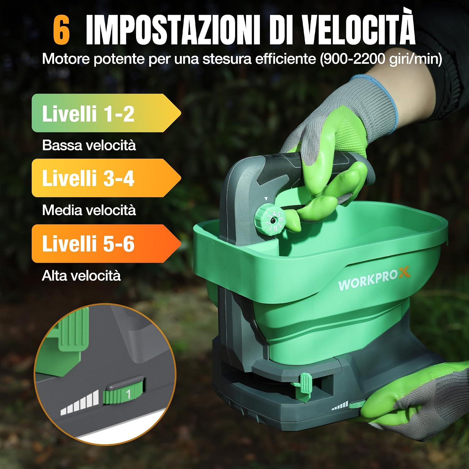 Detalle de WORKPROX Seminatrice universale a batteria 7,2 V con 8 flussi, 6 velocità e larghezza di proiezione regolabile