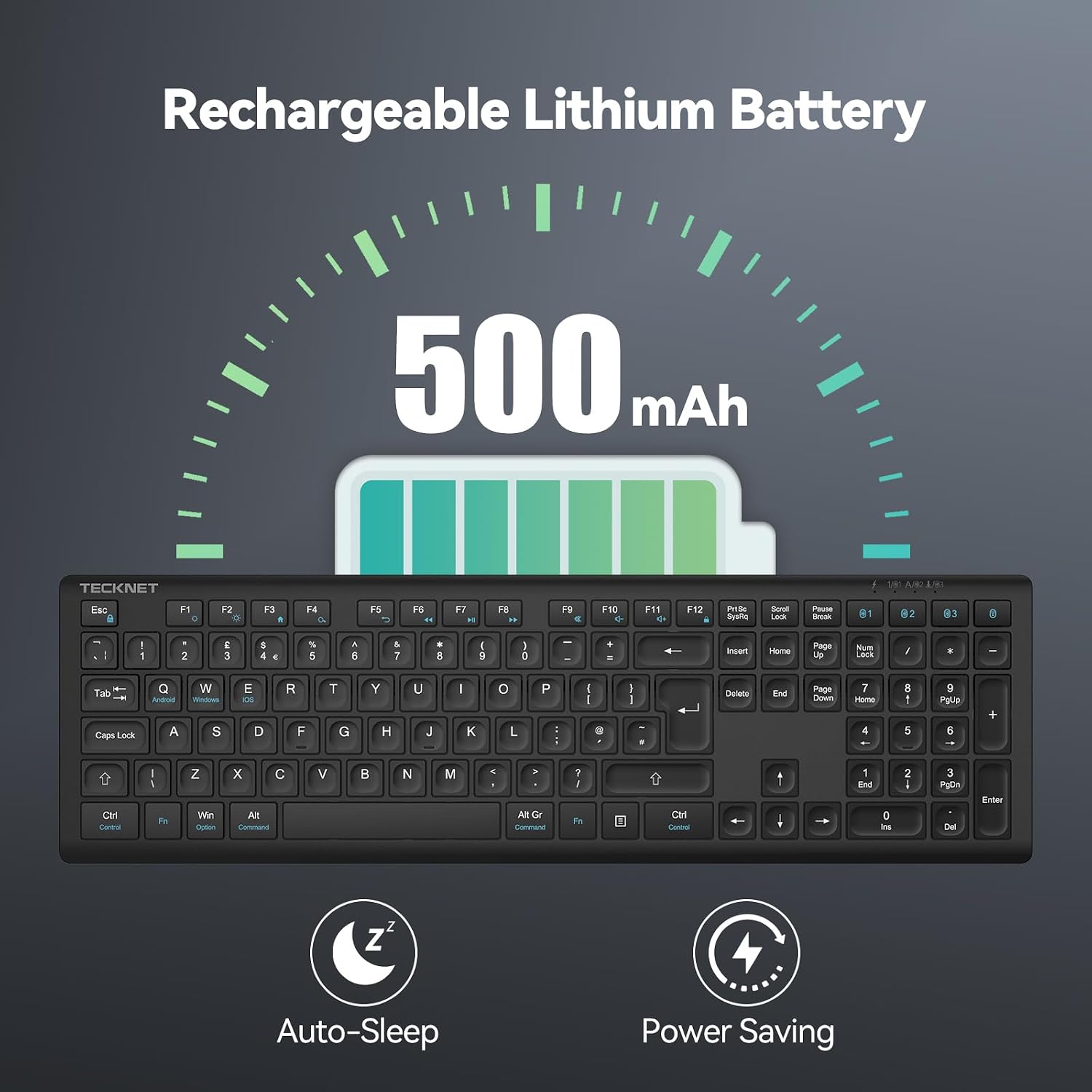 Thumbnail 3 de TECKNET Wireless Keyboard (UK Layout) — 4 devices, 4 modes, rechargeable 2.4GHz USB/Bluetooth
