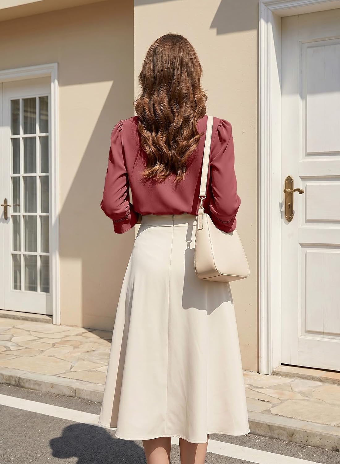 Detalle de EVALESS Women’s 3/4 Sleeve Pleated V-Neck Blouse (Casual Professional Style)