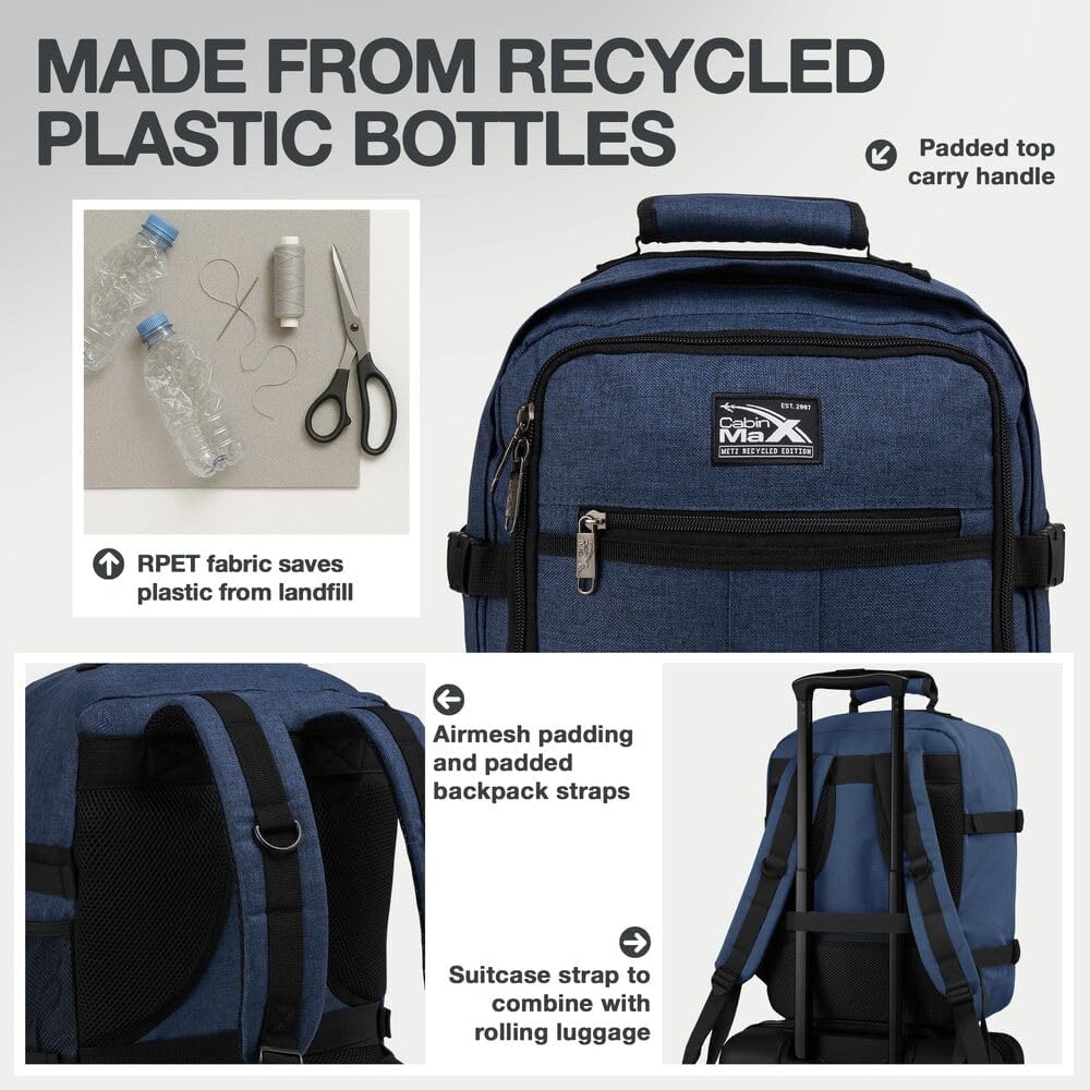 Detalle de Metz for Ryanair Cabin Bags 40x30x20 Underseat Cabin Bag – 24L Recycled PET Travel Backpack