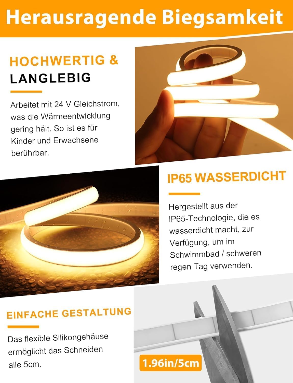 Detalle de Lamomo COB LED Streifen Warmweiß 10M – dimmbar, wasserdicht, 24V, Fernbedienung