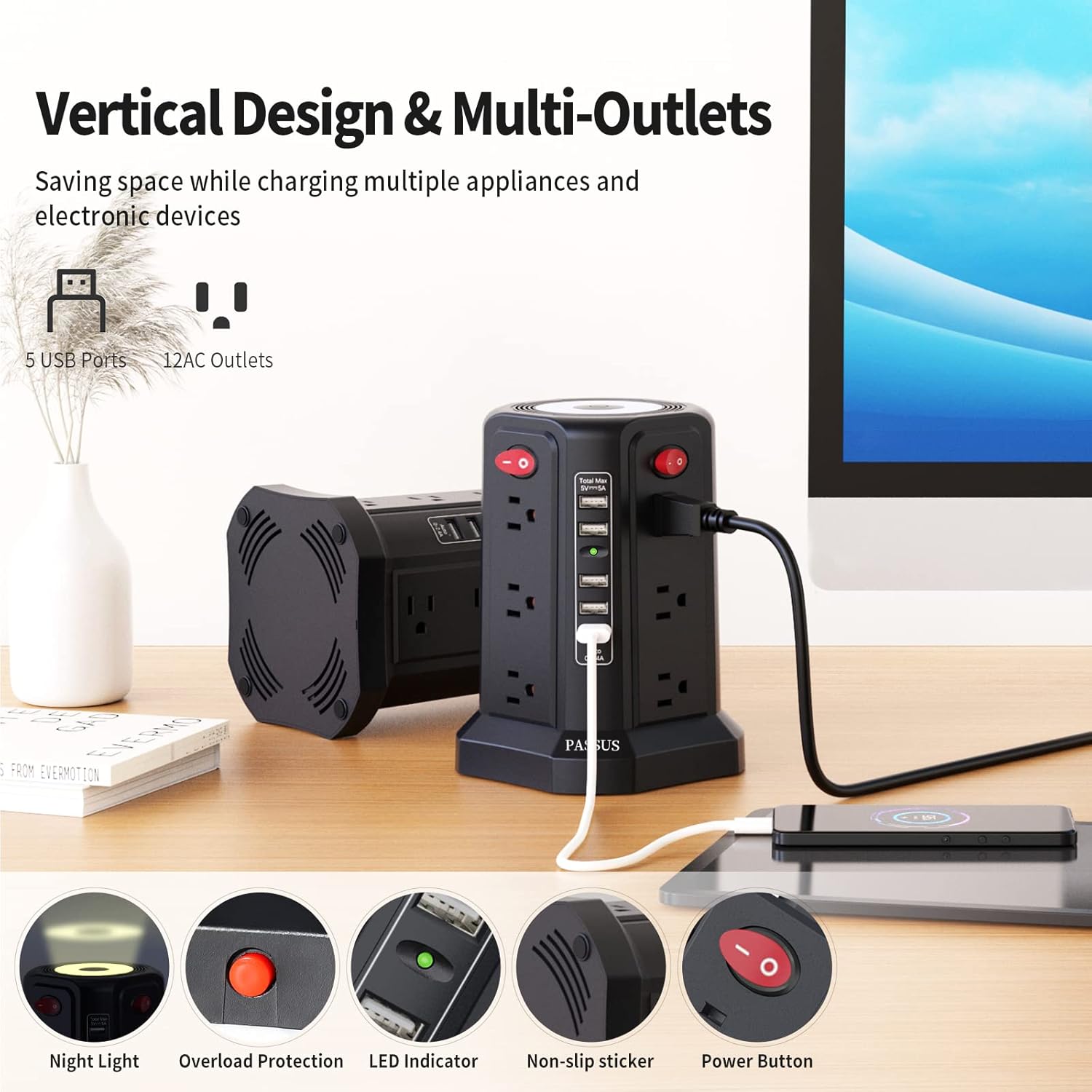 Thumbnail 1 de PASSUS Power Tower Surge Protector 12 Outlets