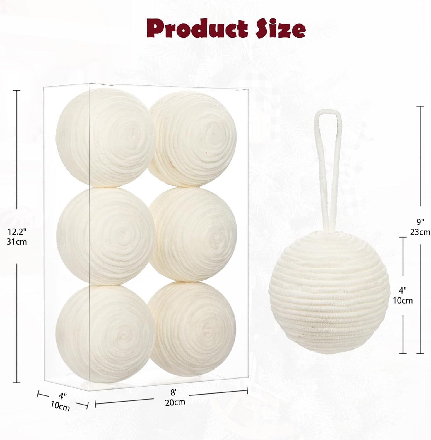 Detalle 2 de Oairse 10cm White Christmas Ornament Balls – 6 Large Shatterproof Yarn Baubles