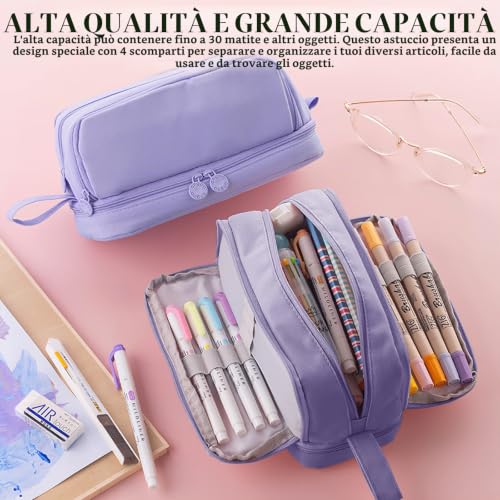 Detalle de Eucomir Astuccio Grande 3+1 Scomparti Viola Scuro – Organizza Penne, Matite e Accessori
