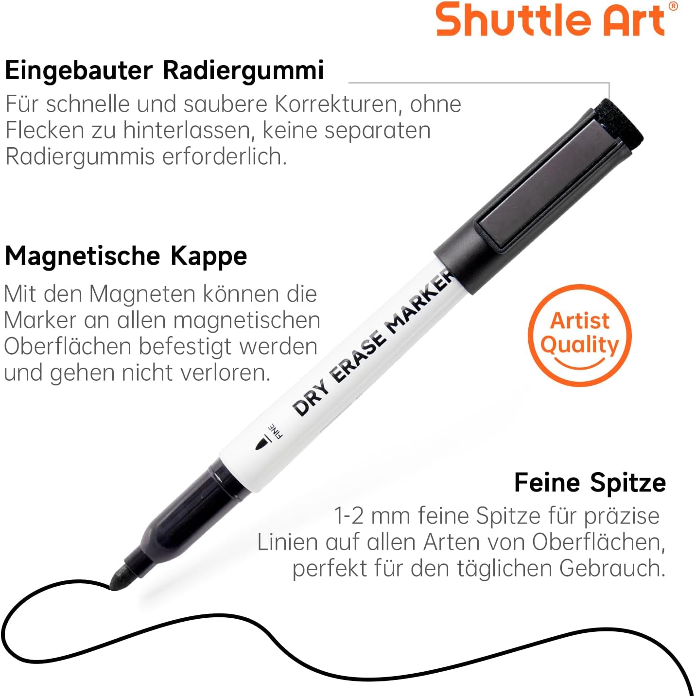 Thumbnail 2 de Shuttle Art Whiteboard Marker schwarz – Set mit 15 abwischbaren schwarzen Stiften, fein + magnetischer Kappenträger