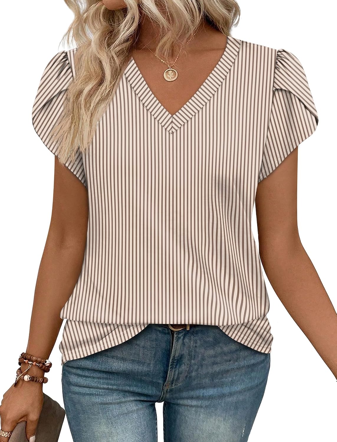 Thumbnail 4 de WIHOLL Women's Petal Sleeve Dressy Casual V-Neck Top