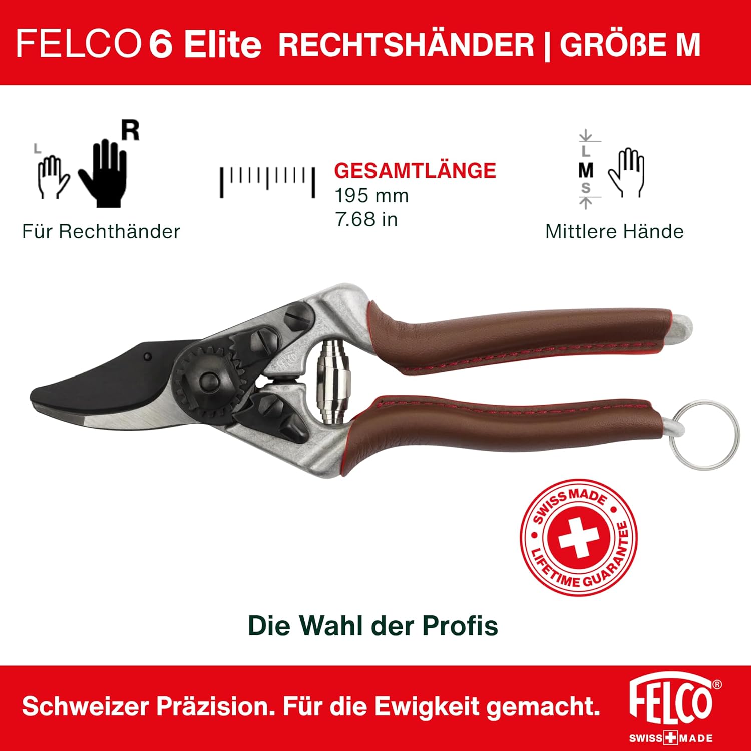 Detalle de FELCO 6 ELITE Gartenschere – ergonomisch, Ledergriffe, 20 mm Schnitt, Swiss Made