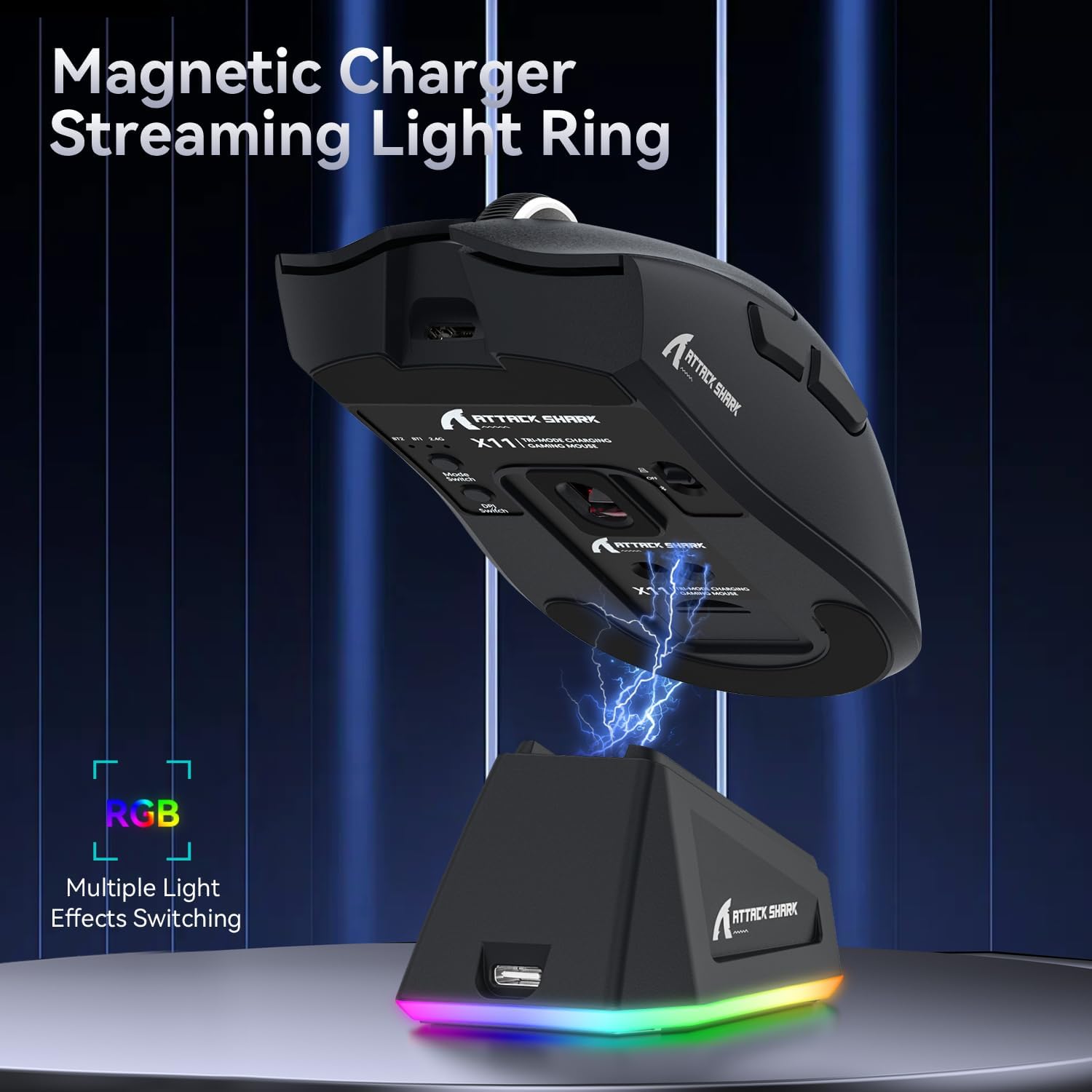 Detalle 2 de ATTACK SHARK X11 Gaming-Maus mit magnetischer Ladestation, 22.000 DPI PixArt PAW3311 & 3 Modi (BT/2.4G/USB-C)