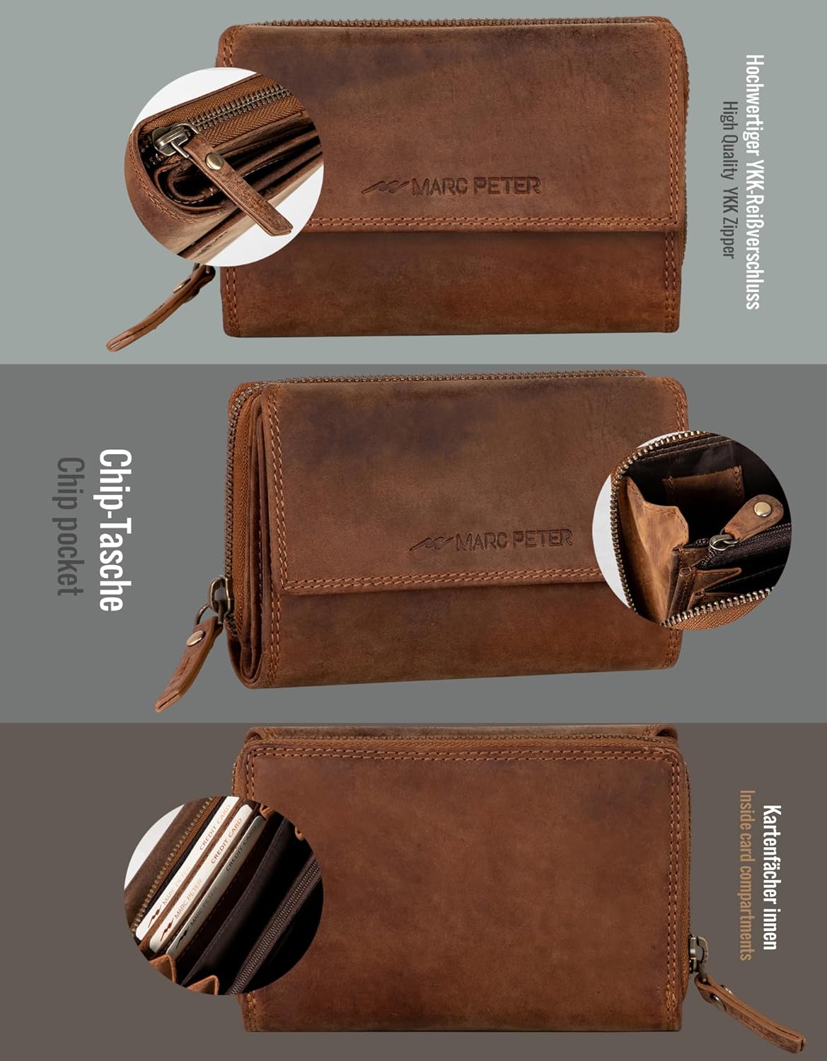 Thumbnail 5 de Marc Peter® Rosie Damen Geldbeutel Leder RFID – Großes Vintage-Ledergeldbörse mit Reißverschluss