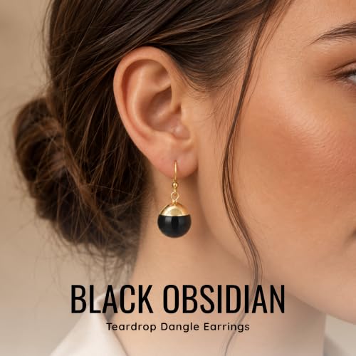 Detalle de Gempires Natural Gemstone Teardrop Dangle Earrings, Black Obsidian — HANDMADE GOLD-PLATED GEMSTONE JEWELLERY