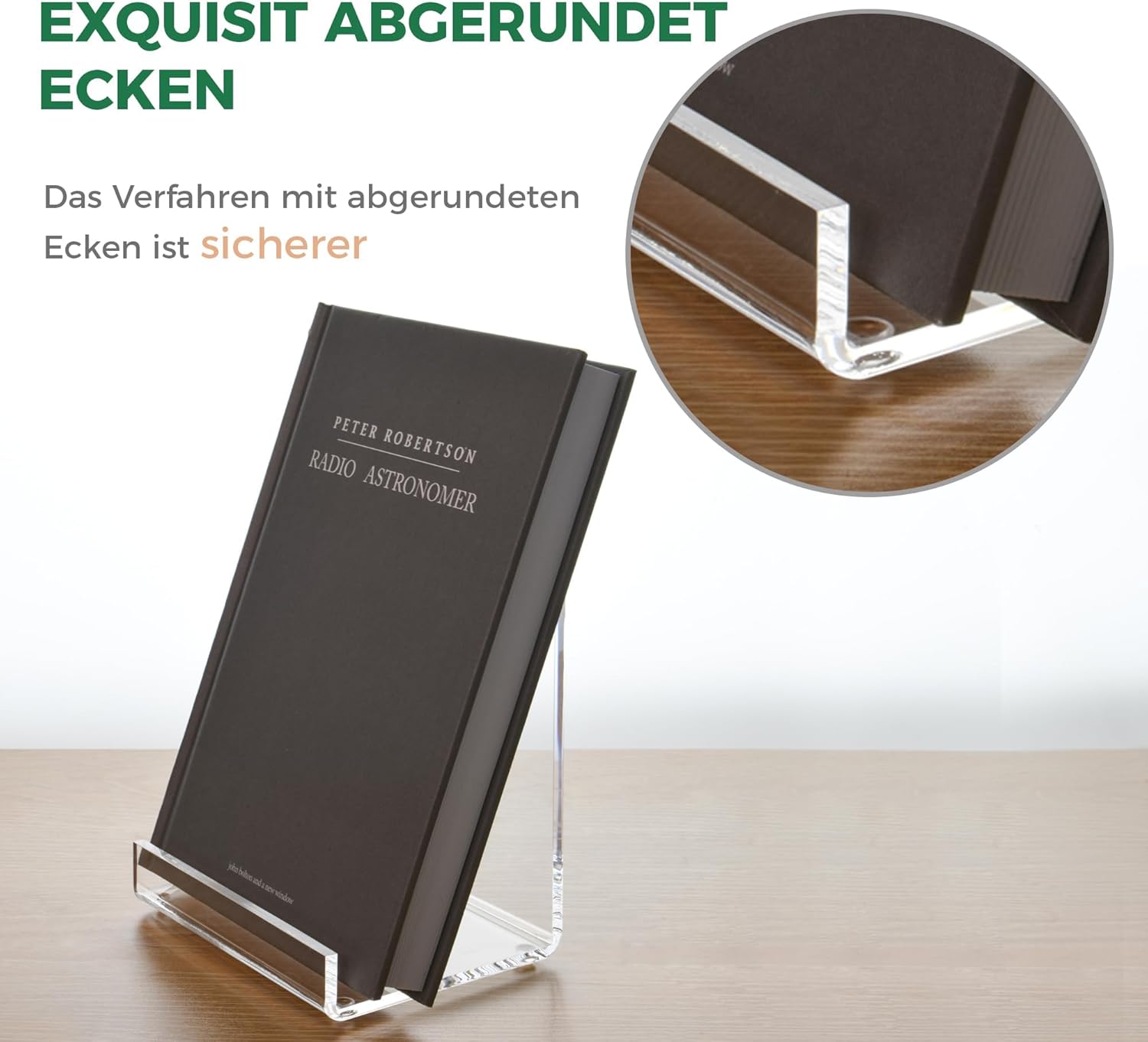 Detalle de AIMOLLY 2er Set Acryl Buchständer – Transparente J-Form, vielseitig nutzbar