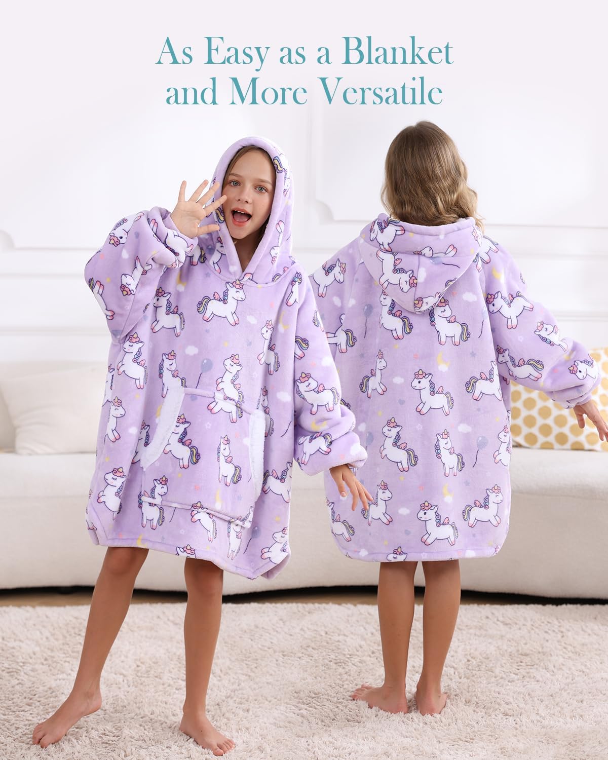 Detalle 2 de Topblan Kids Wearable Blanket Hoodie, Flannel and Sherpa, Purple Pony